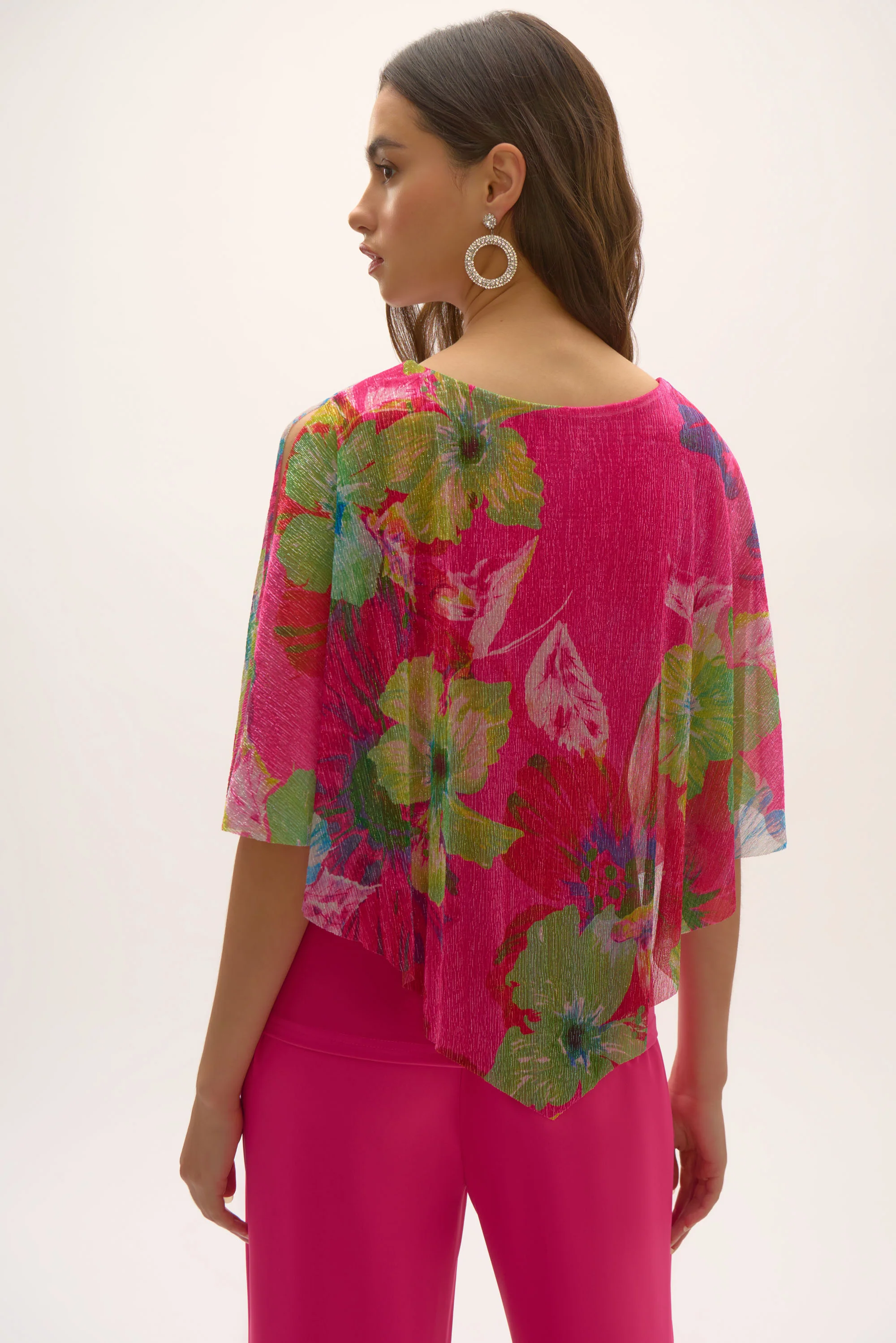 Joseph Ribkoff Metallic Pleated Knit Floral Print Poncho Top Style 252720 - Image 2