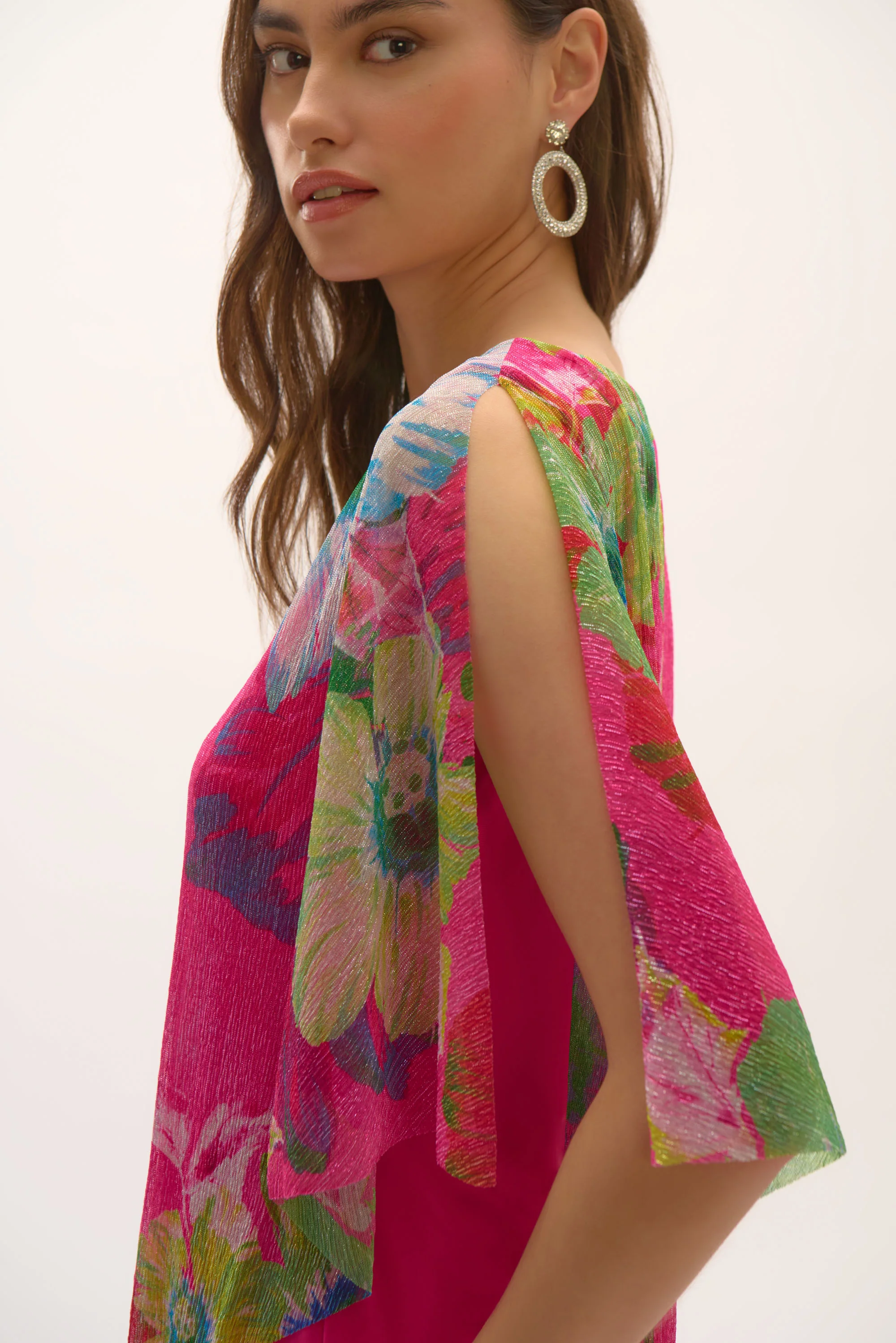 Joseph Ribkoff Metallic Pleated Knit Floral Print Poncho Top Style 252720 - Image 3