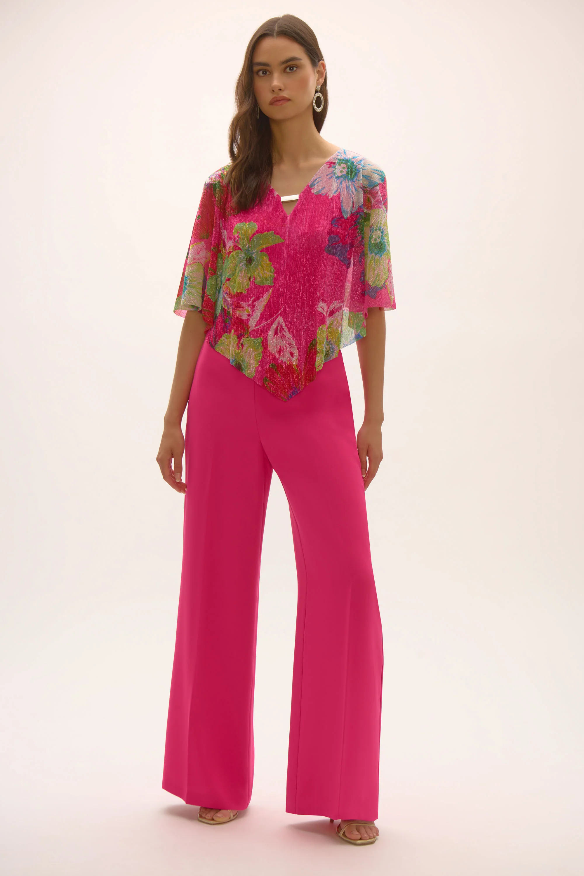 Joseph Ribkoff Metallic Pleated Knit Floral Print Poncho Top Style 252720 - Image 5