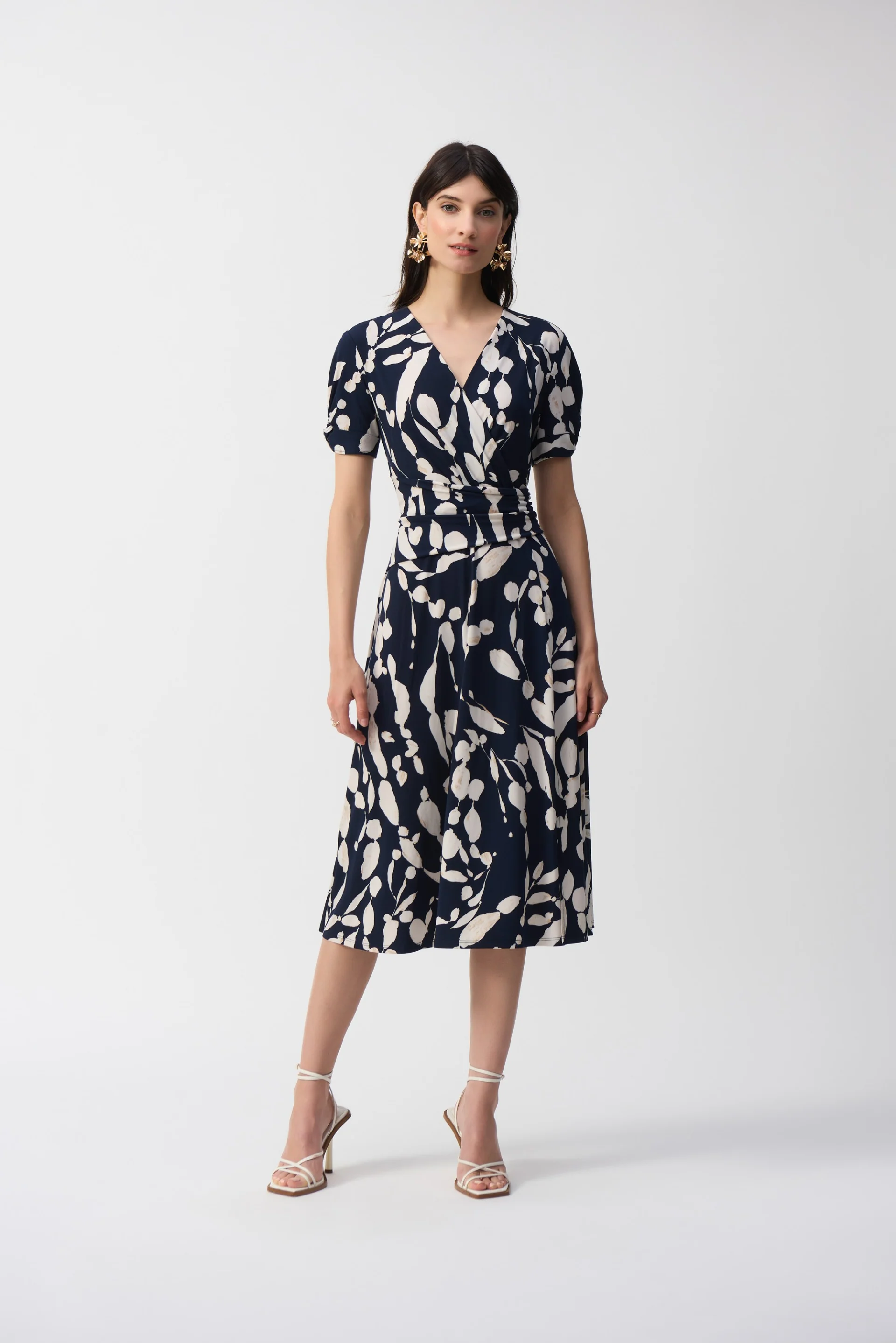 Joseph Ribkoff Midnight Blue/Beige Abstract Print Wrap Dress Style 251014 - Image 4