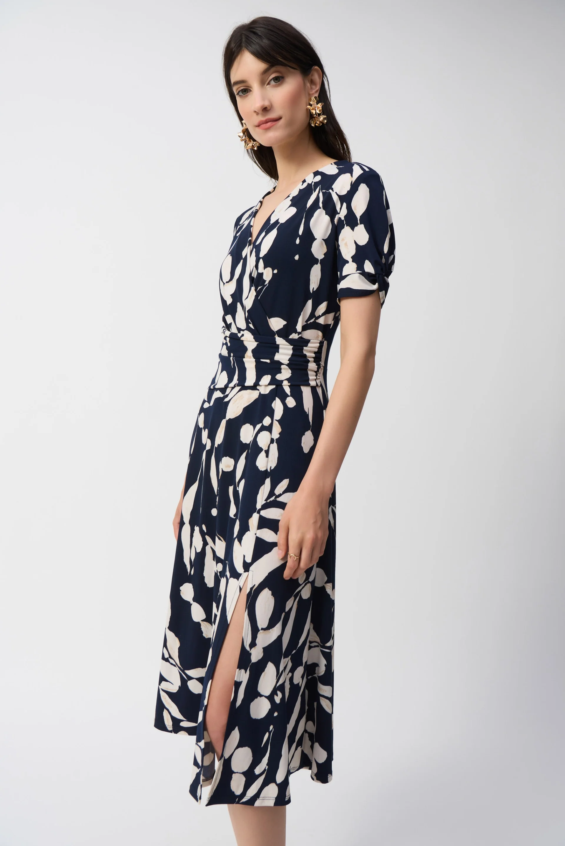 Joseph Ribkoff Midnight Blue/Beige Abstract Print Wrap Dress Style 251014 - Image 5