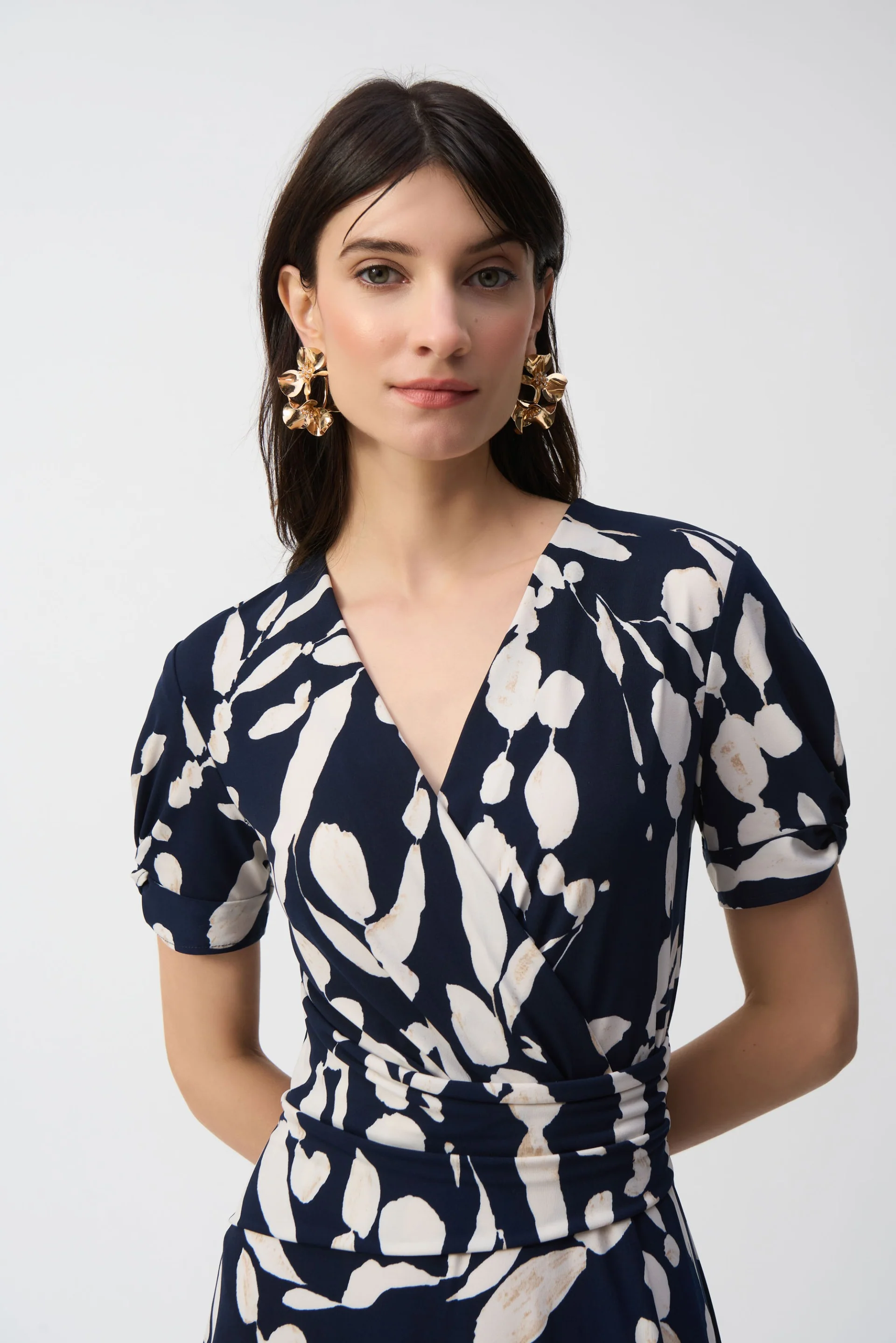 Joseph Ribkoff Midnight Blue/Beige Abstract Print Wrap Dress Style 251014 - Image 6
