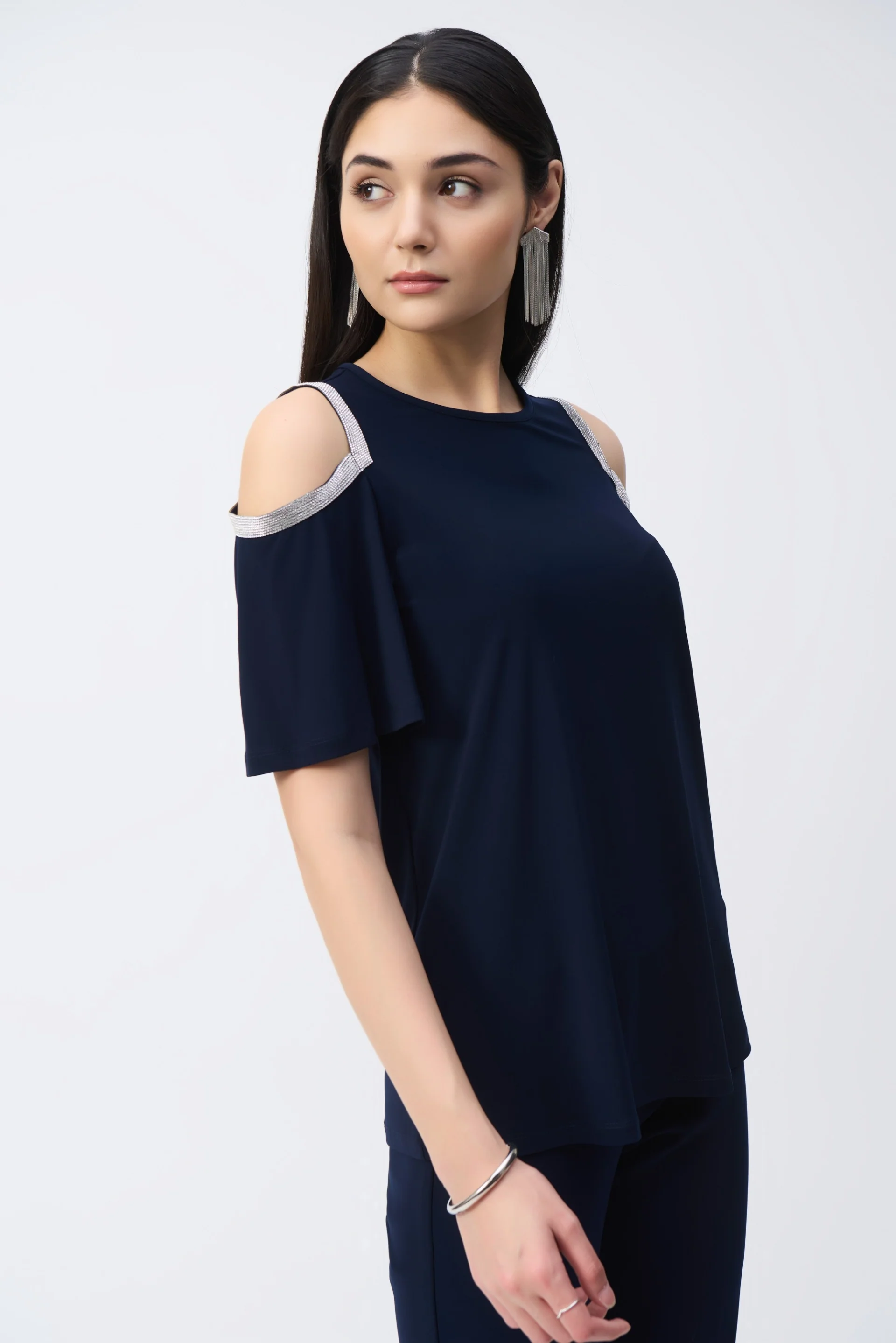 Joseph Ribkoff Midnight Blue Embellished Cold Shoulder Tunic Style 243226 - Image 2