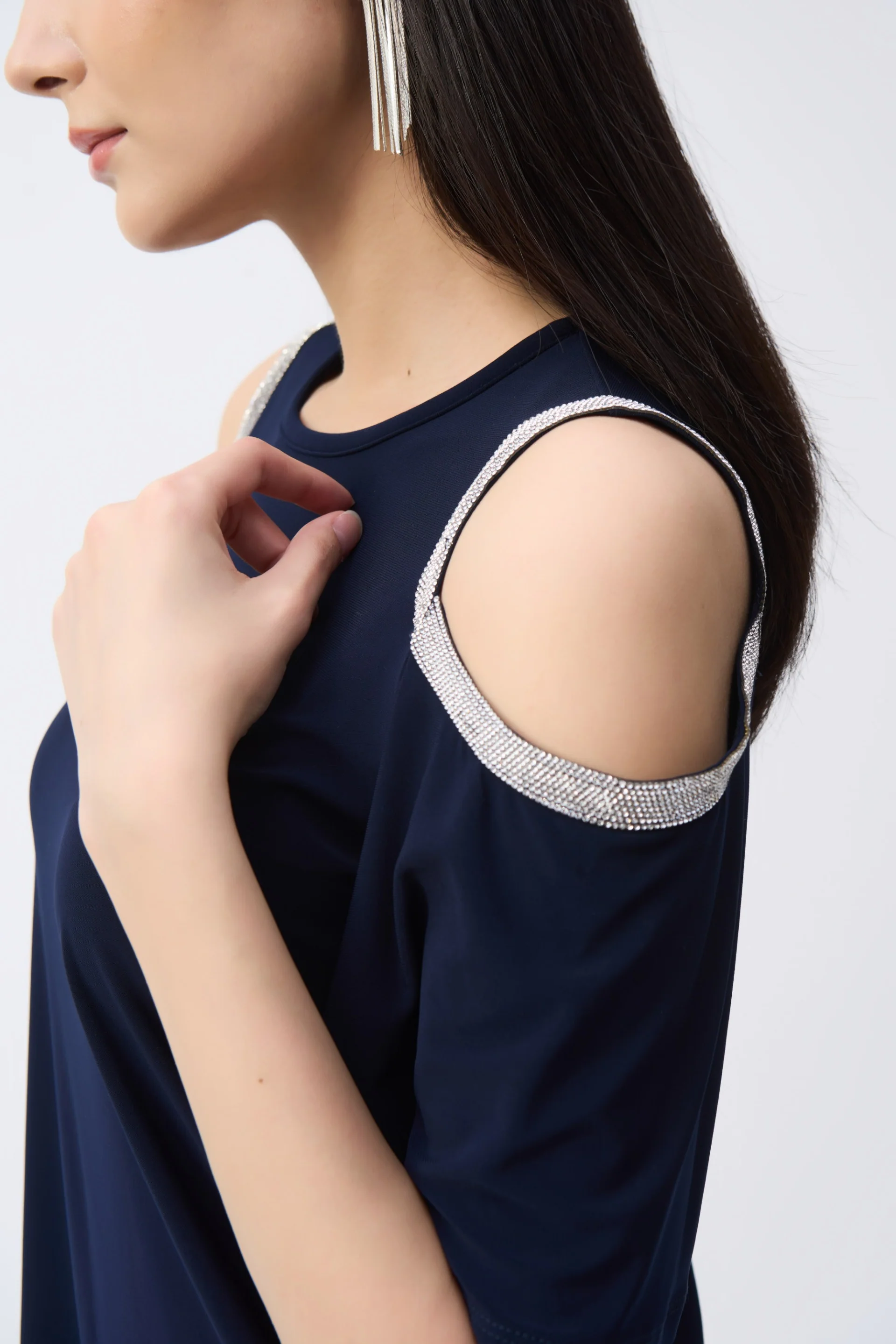 Joseph Ribkoff Midnight Blue Embellished Cold Shoulder Tunic Style 243226 - Image 3