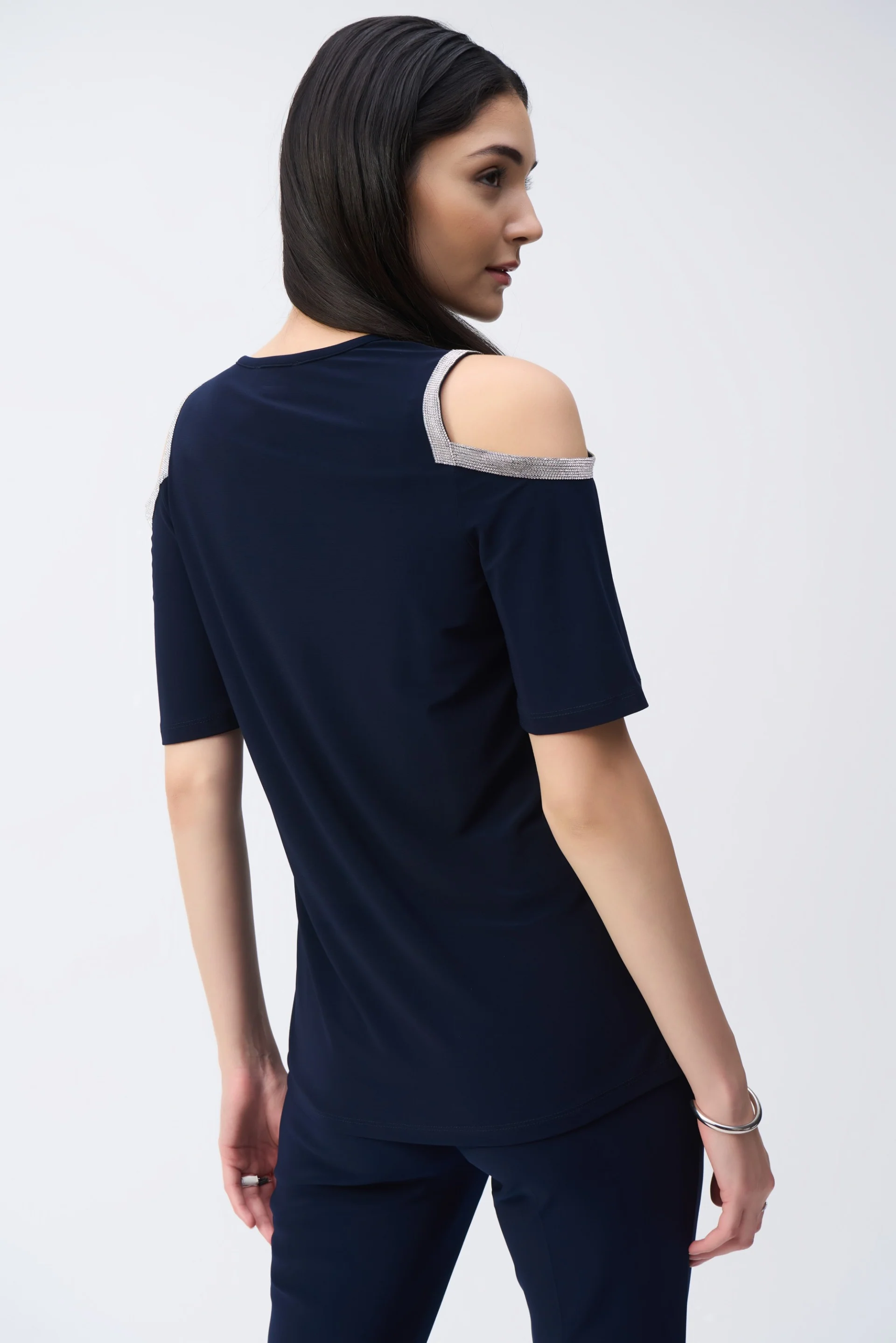Joseph Ribkoff Midnight Blue Embellished Cold Shoulder Tunic Style 243226 - Image 4