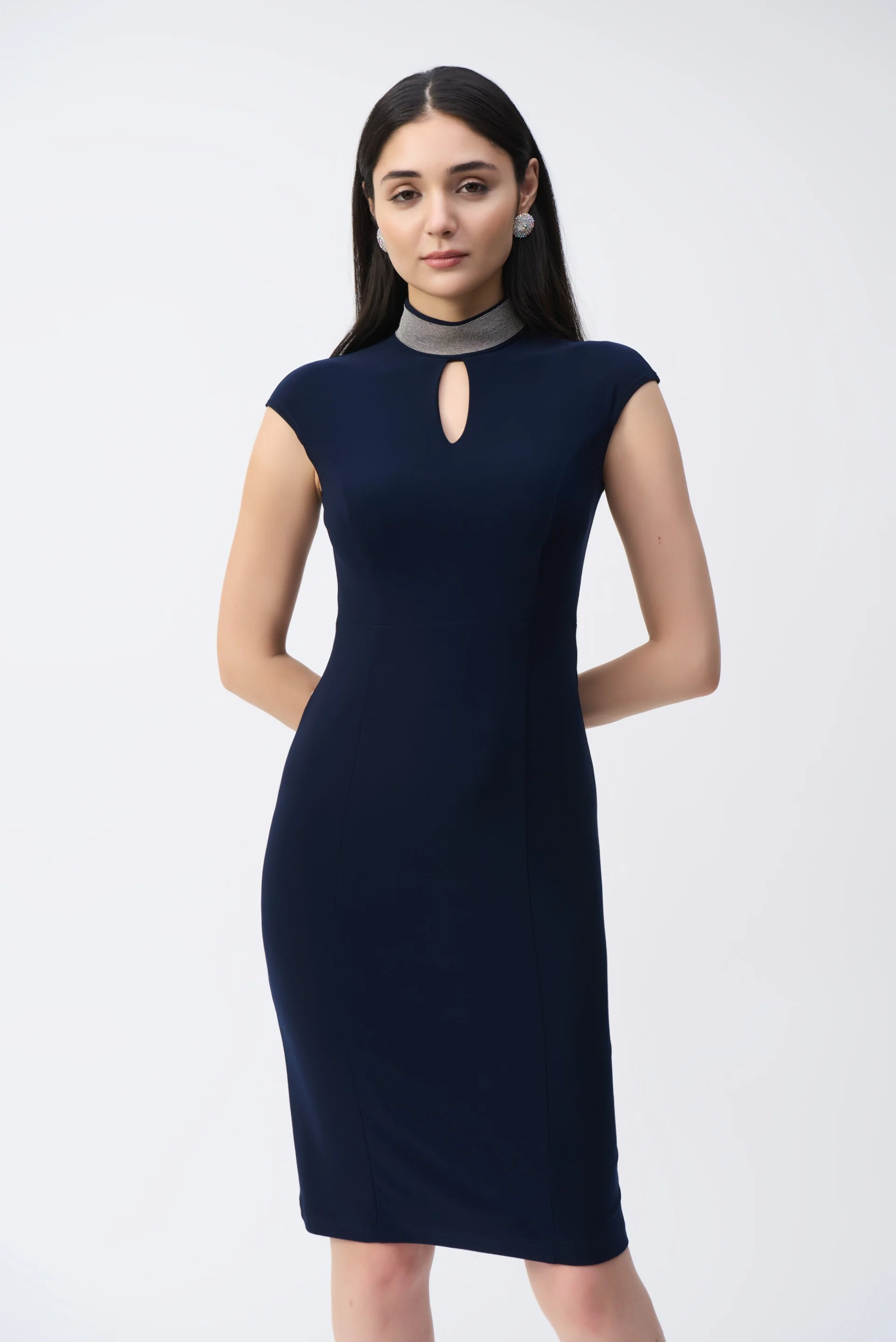 Joseph Ribkoff Midnight Blue Embellished Collar Fitted Dress Style 243313 - Image 2