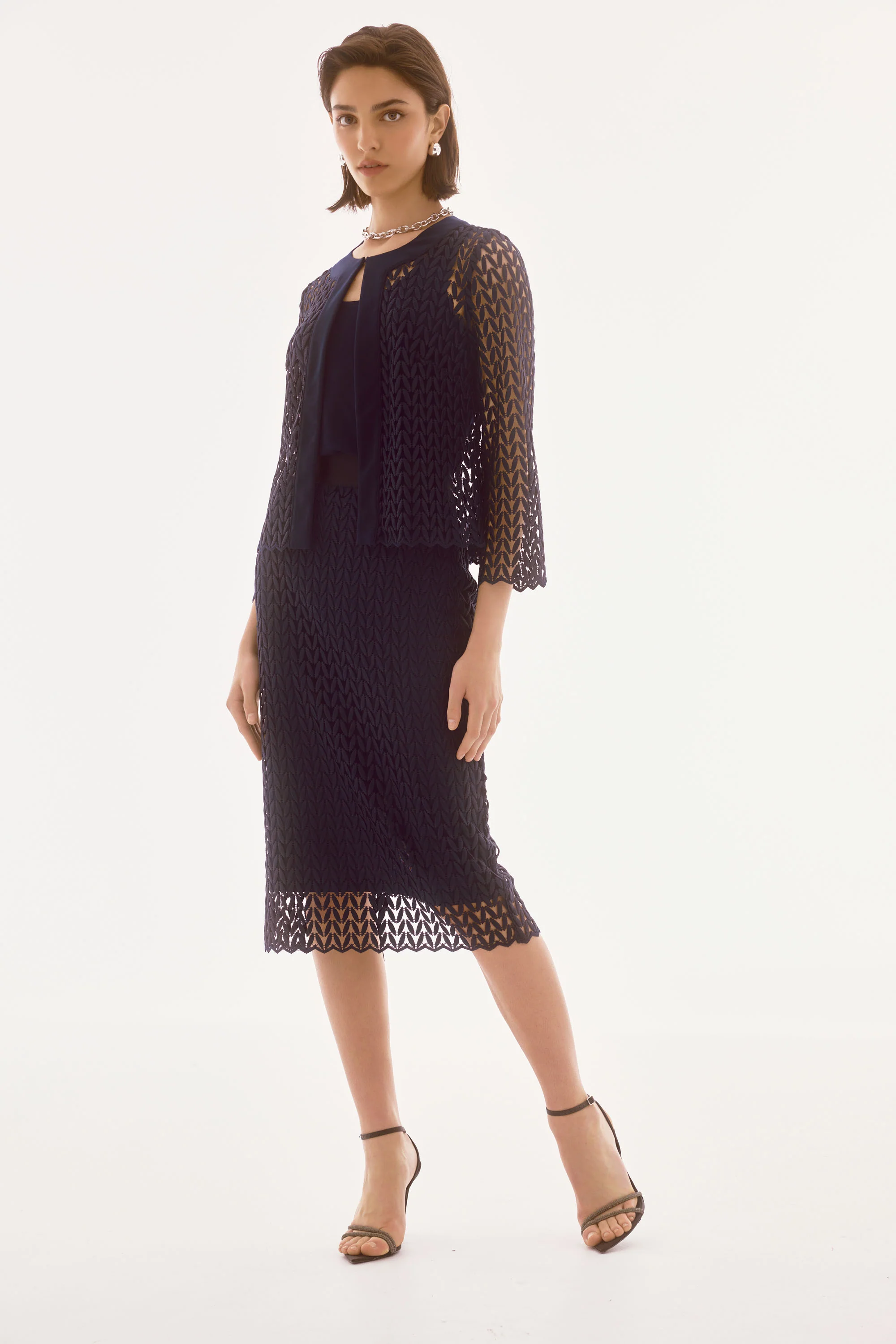 Joseph Ribkoff Midnight Blue Guipure Lace Pencil Skirt Style 251755 - Image 4