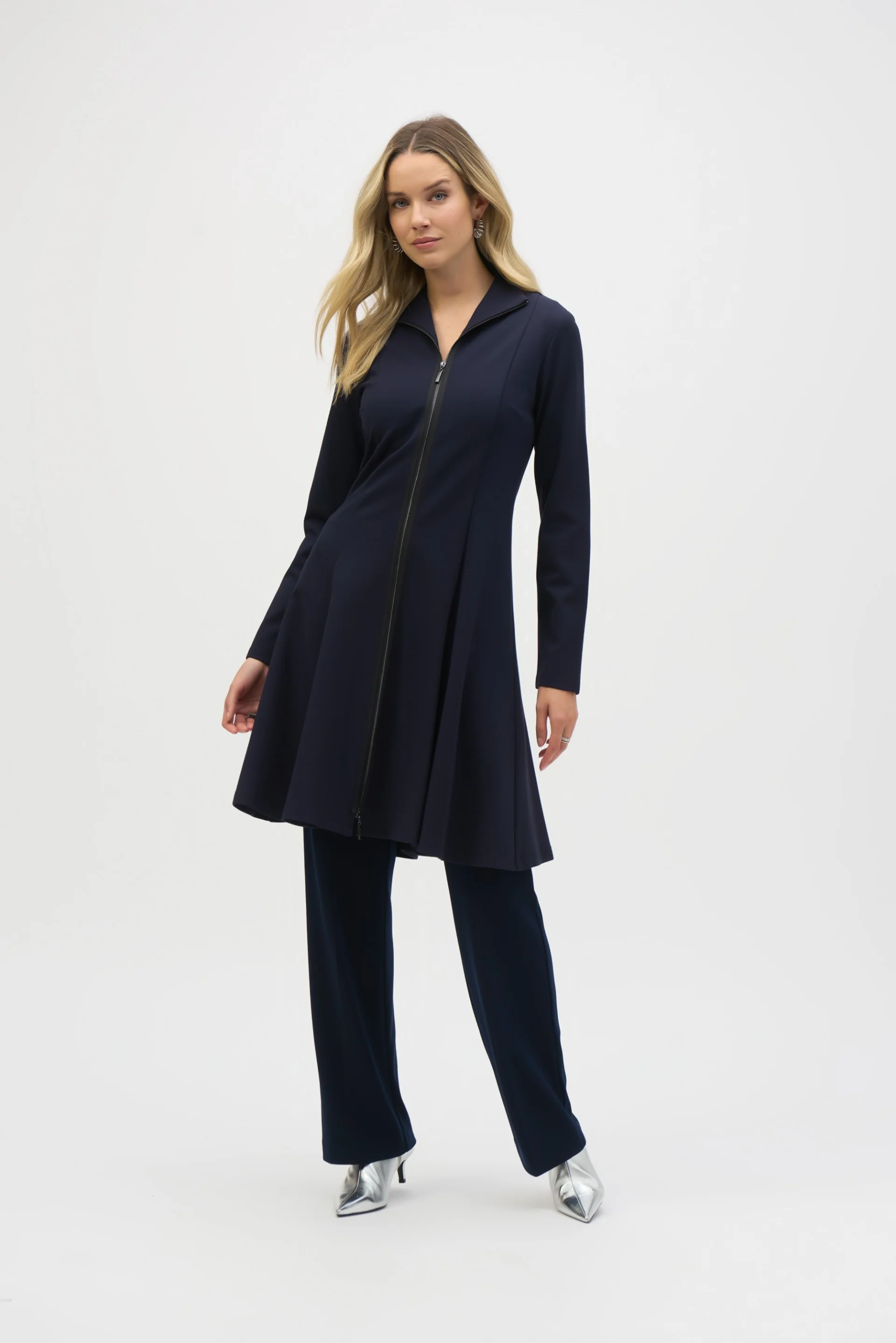 Joseph Ribkoff Midnight Blue Heavy Knit Long Flared Coat Style 243330 - Image 4
