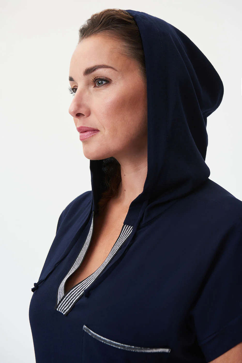 Joseph Ribkoff Midnight Blue Hooded Dress With Metallic Trim Style 232110 - Image 3