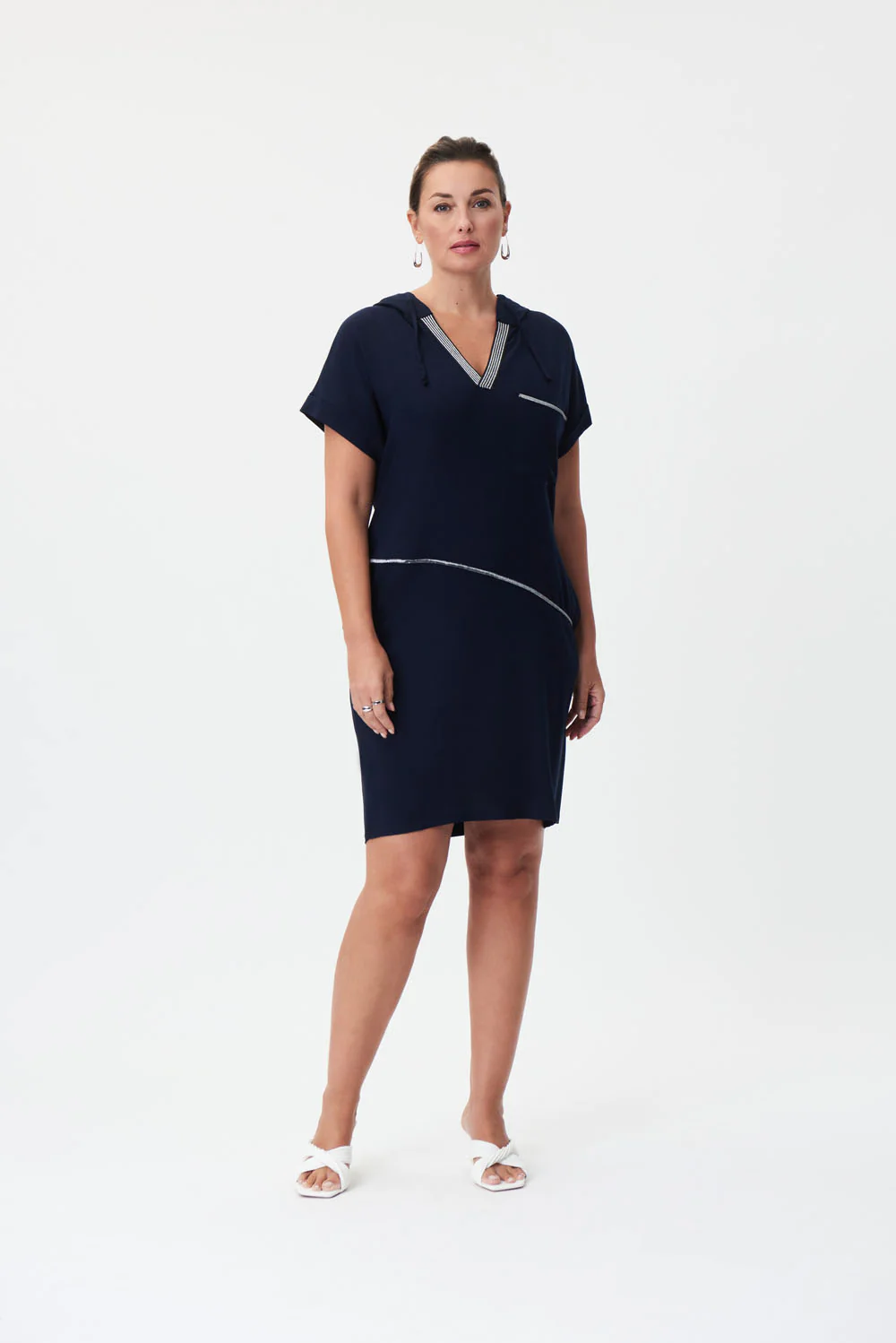 Joseph Ribkoff Midnight Blue Hooded Dress With Metallic Trim Style 232110 - Image 4