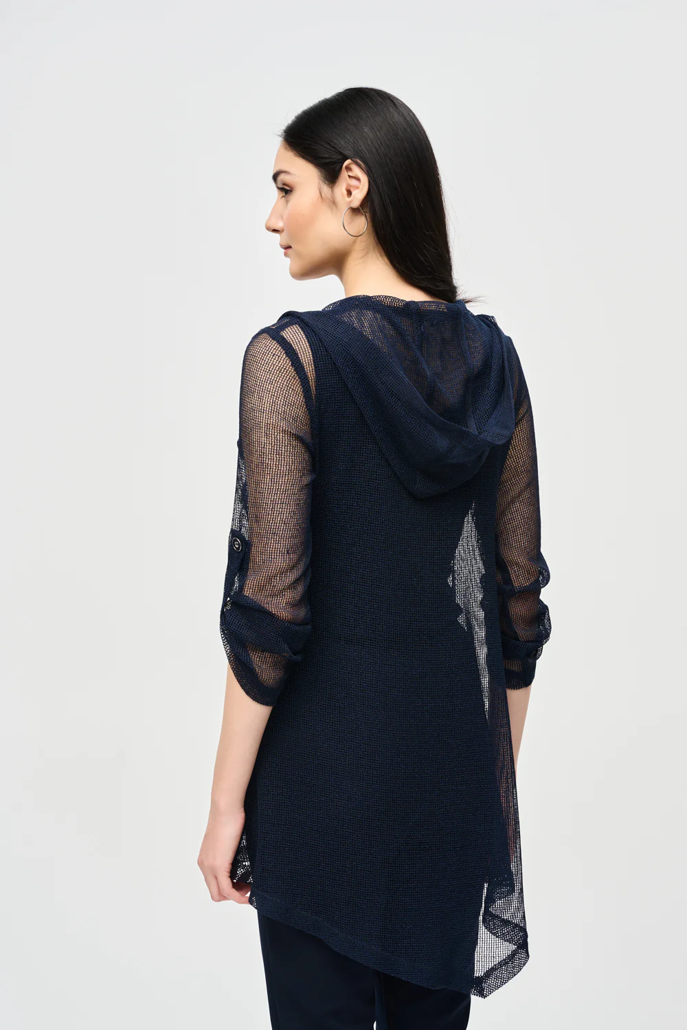 Joseph Ribkoff Midnight Blue Mesh Knit Hooded Jacket Style 241075 - Image 2