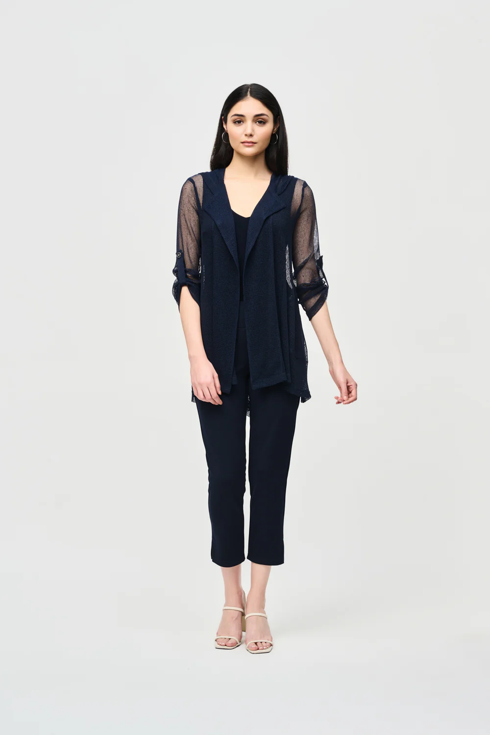 Joseph Ribkoff Midnight Blue Mesh Knit Hooded Jacket Style 241075 - Image 3