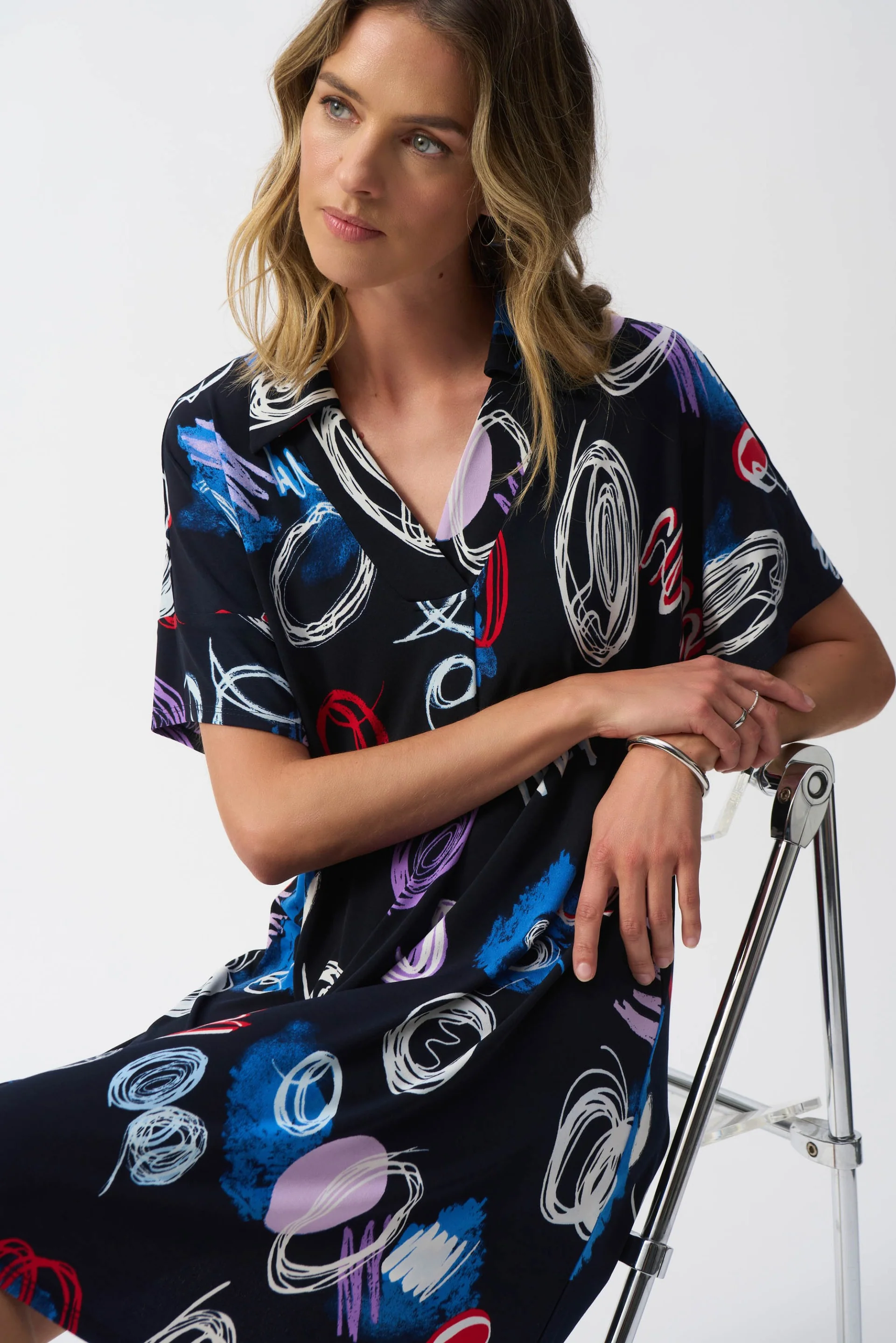 Joseph Ribkoff Midnight Blue/Multi Abstract Print A-Line Dress Style 251111 - Image 4