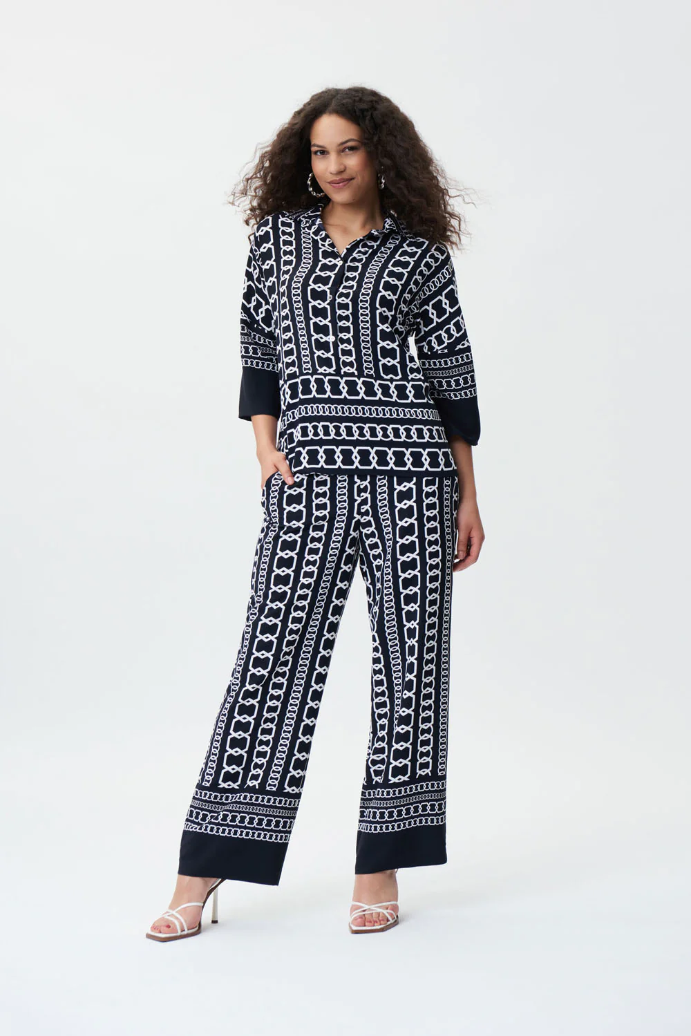 Joseph Ribkoff Midnight Blue/Multi Chain Border Print Wide-Leg Pants Style 231198 - Image 4