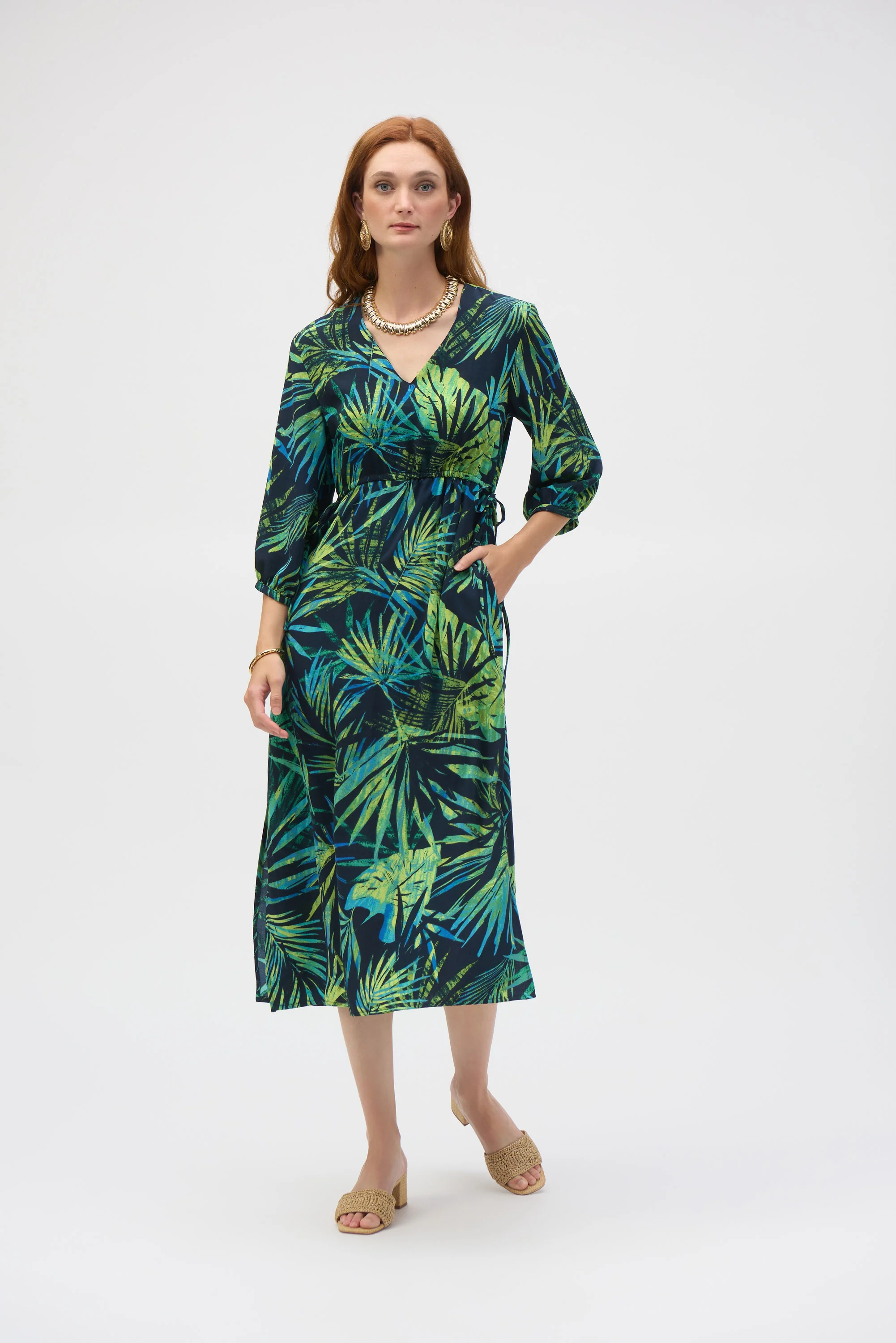 Joseph Ribkoff Midnight Blue/Multi Gauze Tropical Print Fit and Flare Dress Style 252185