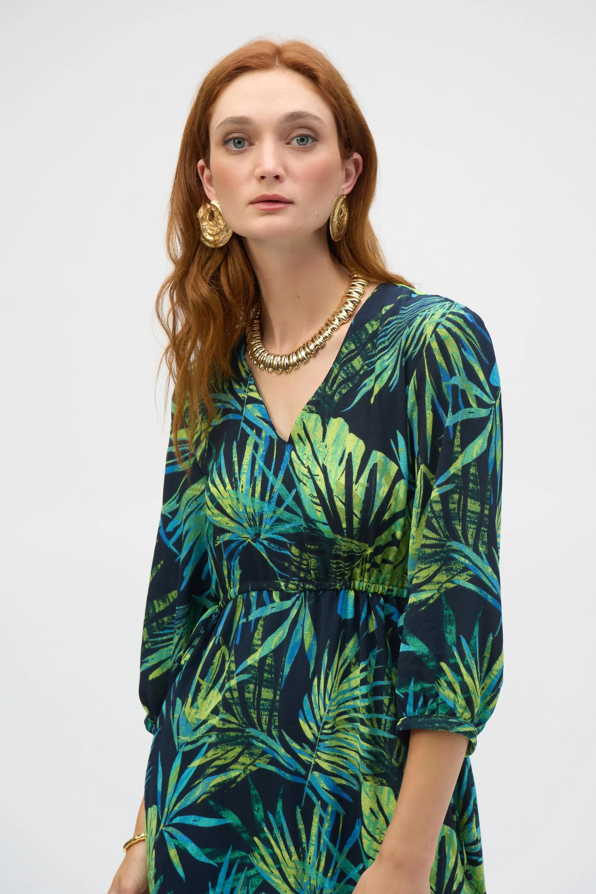 Joseph Ribkoff Midnight Blue/Multi Gauze Tropical Print Fit and Flare Dress Style 252185 - Image 2