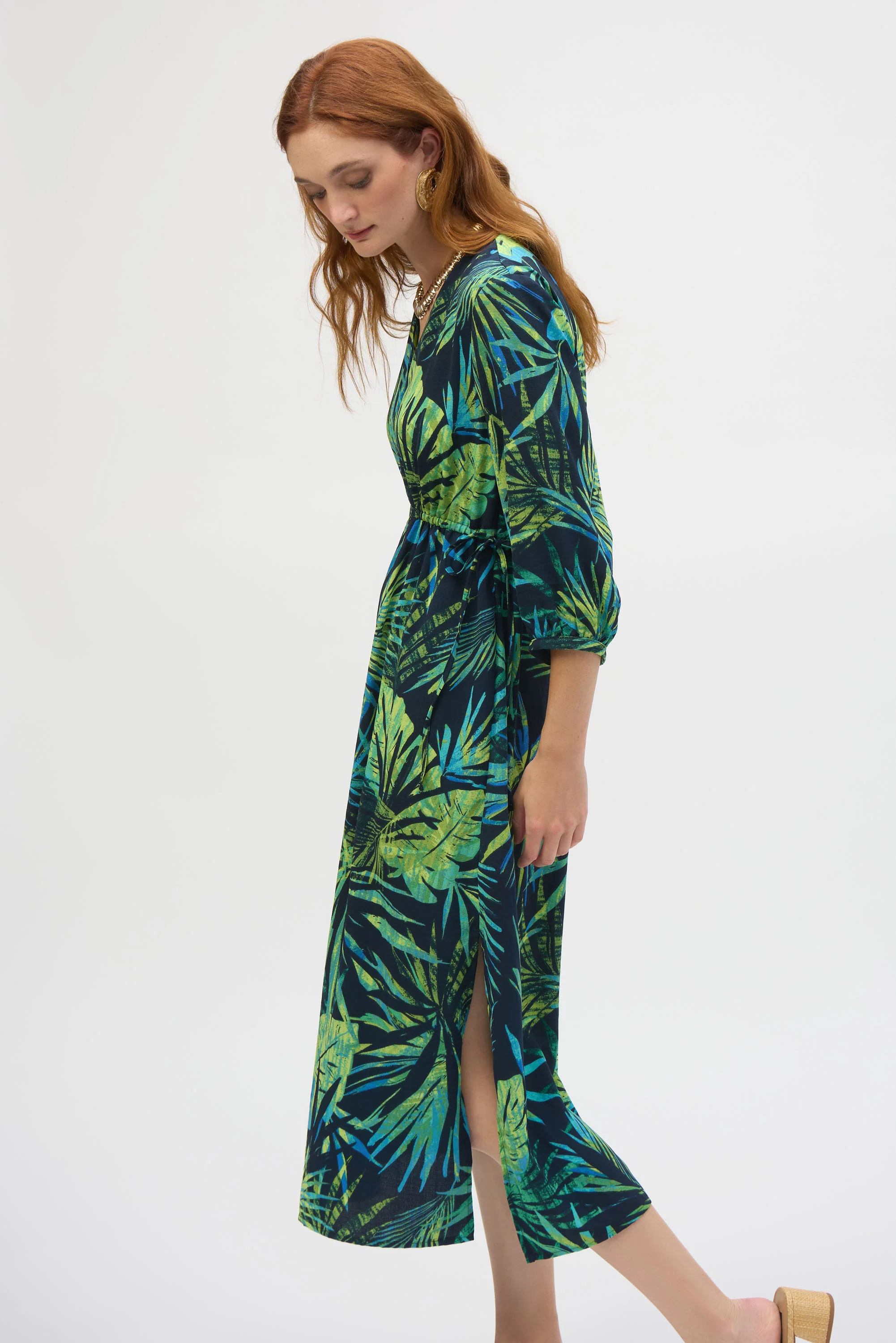 Joseph Ribkoff Midnight Blue/Multi Gauze Tropical Print Fit and Flare Dress Style 252185 - Image 3
