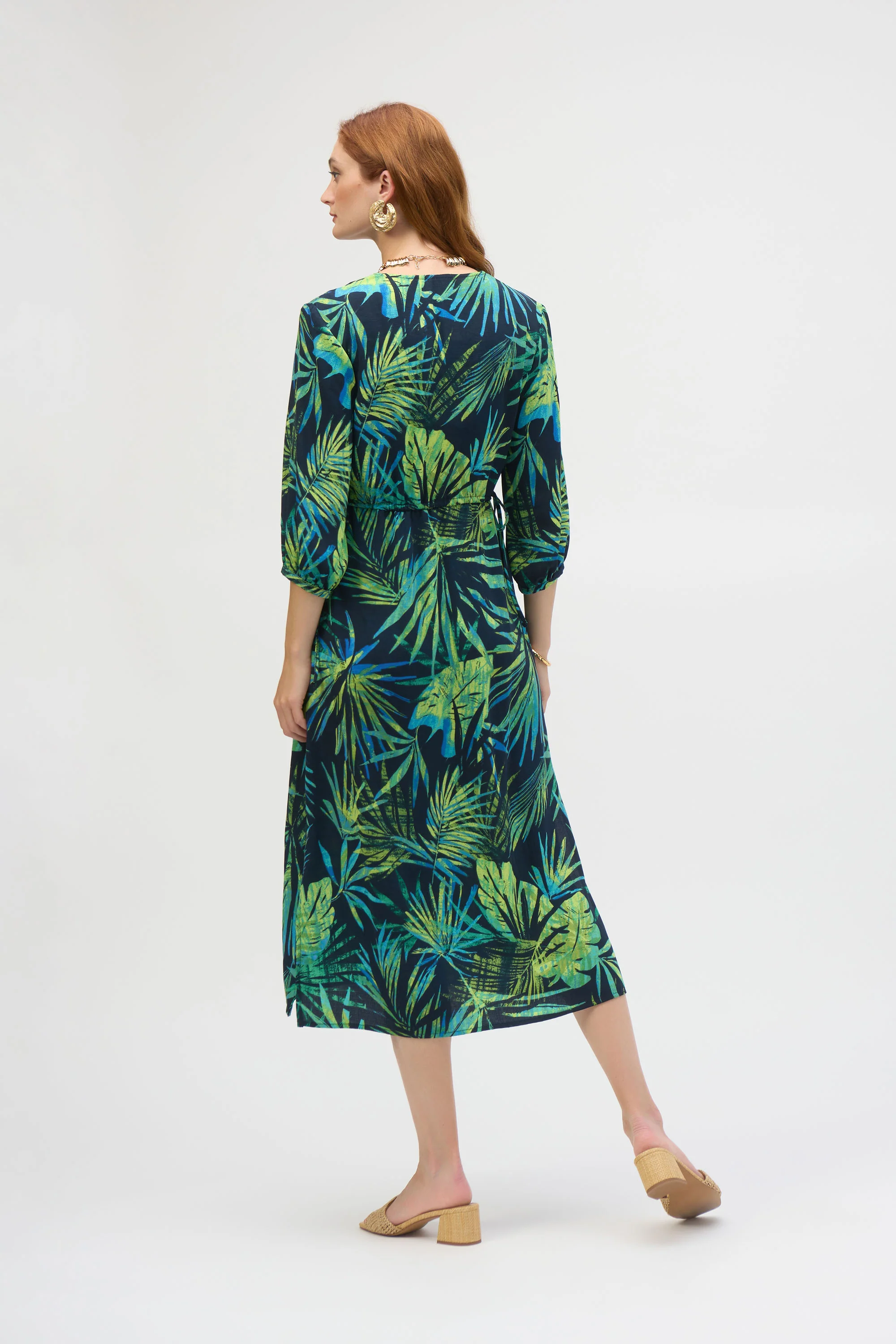 Joseph Ribkoff Midnight Blue/Multi Gauze Tropical Print Fit and Flare Dress Style 252185 - Image 4
