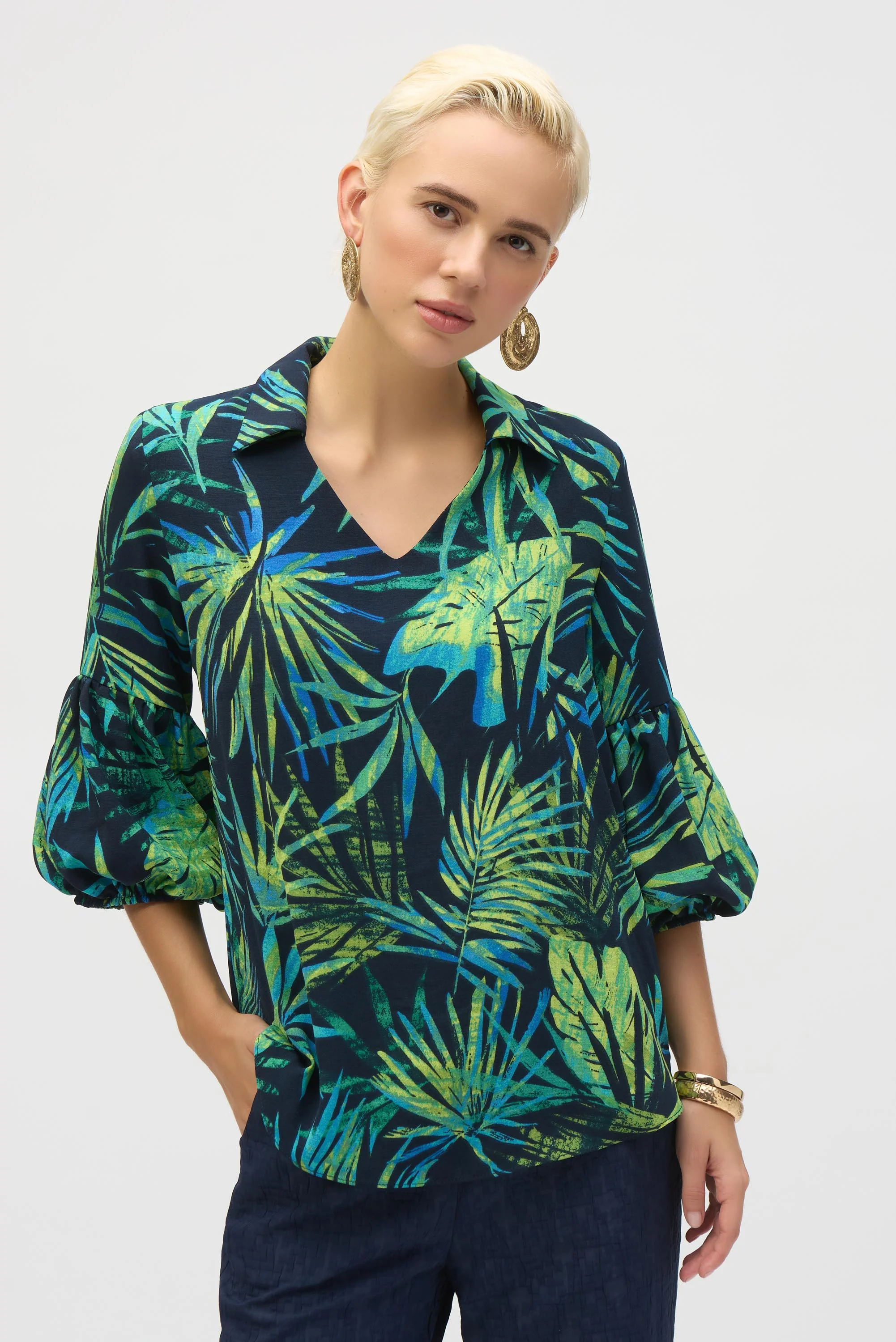 Joseph Ribkoff Midnight Blue/Multi Tropical Print Straight Tunic Style 252073