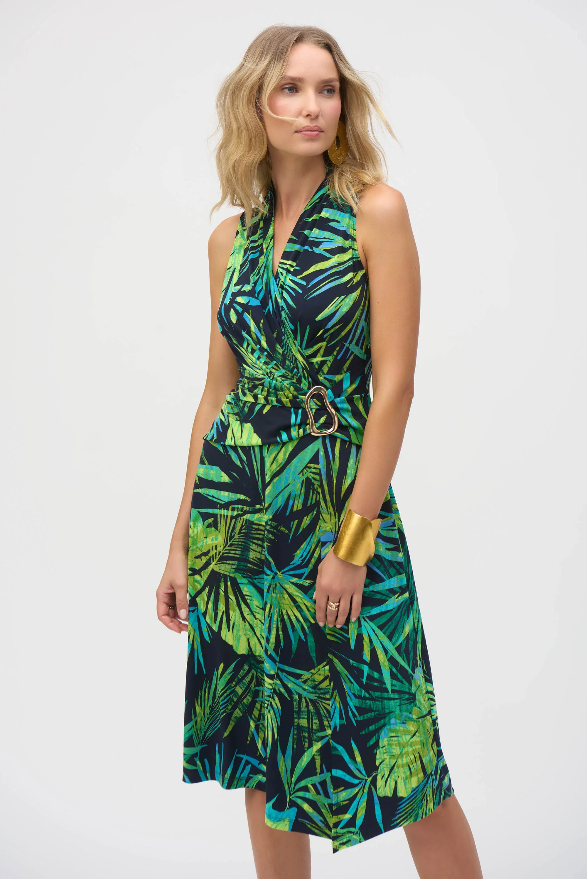 Joseph Ribkoff Midnight Blue/Multi Silky Knit Tropical Print Fit and Flare Dress Style 252203 - Image 2