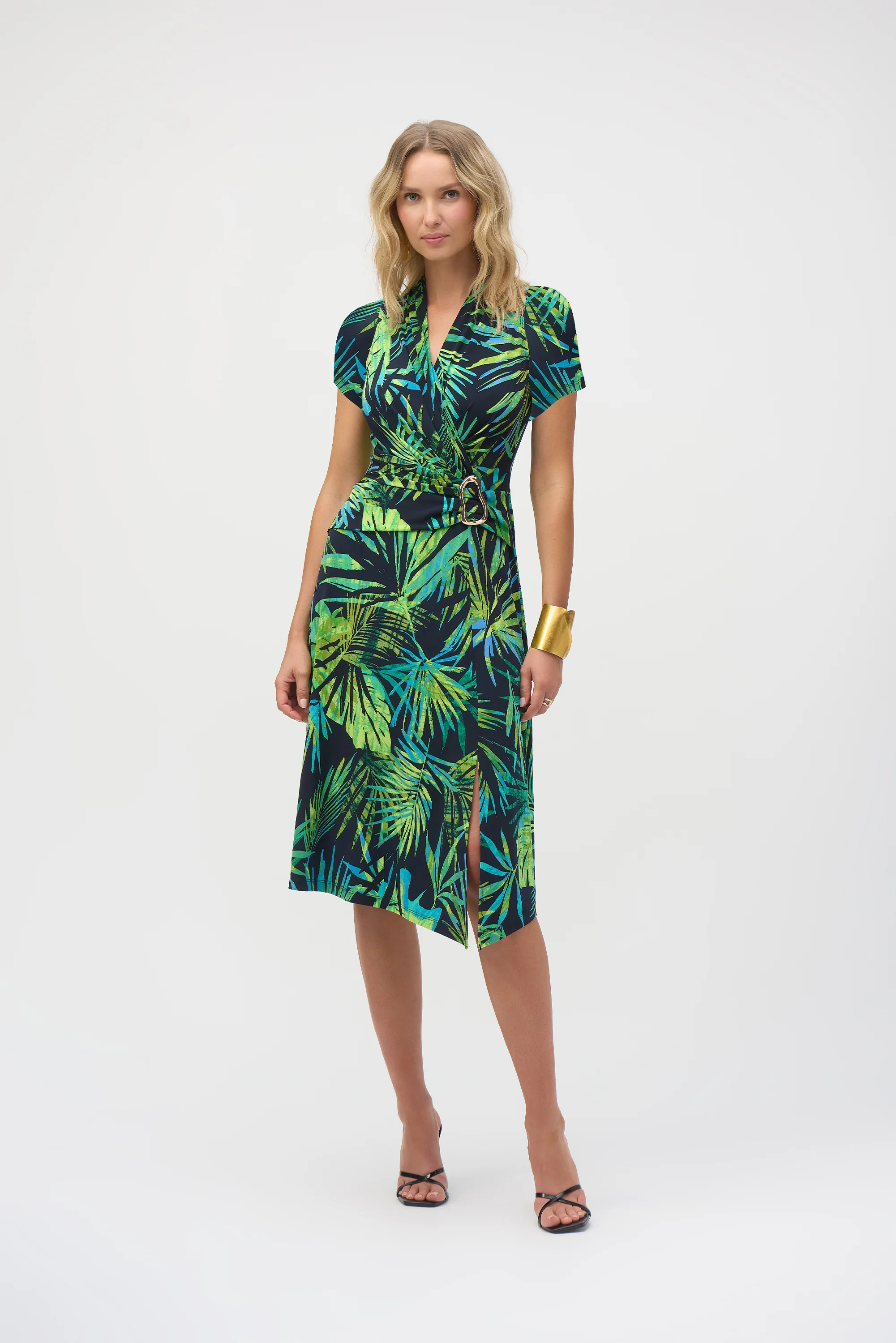 Joseph Ribkoff Midnight Blue/Multi Silky Knit Tropical Print Fit and Flare Dress Style 252203X