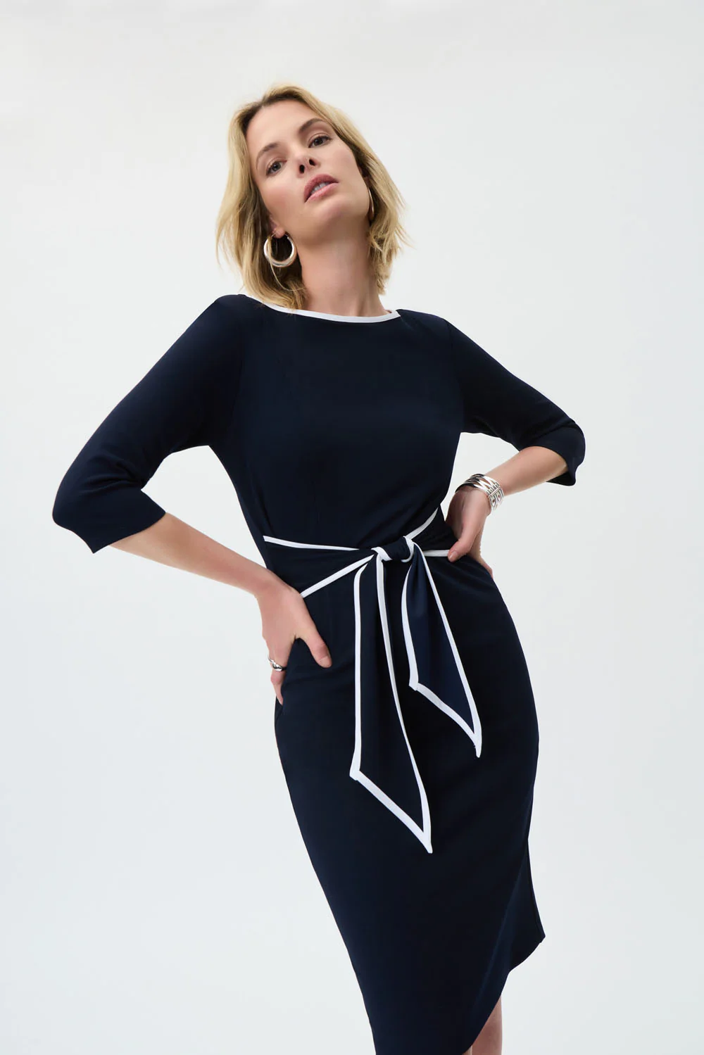 Joseph Ribkoff Midnight Blue/Off-White Contrast Trim Dress Style 221210 - Image 2