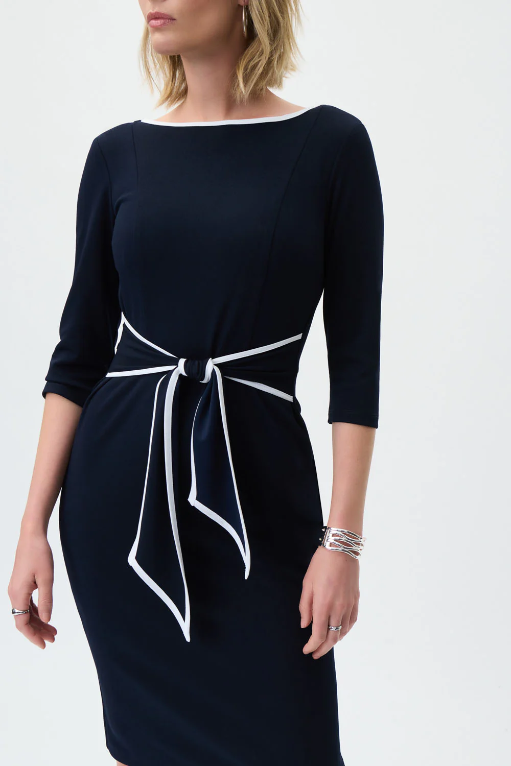 Joseph Ribkoff Midnight Blue/Off-White Contrast Trim Dress Style 221210 - Image 3