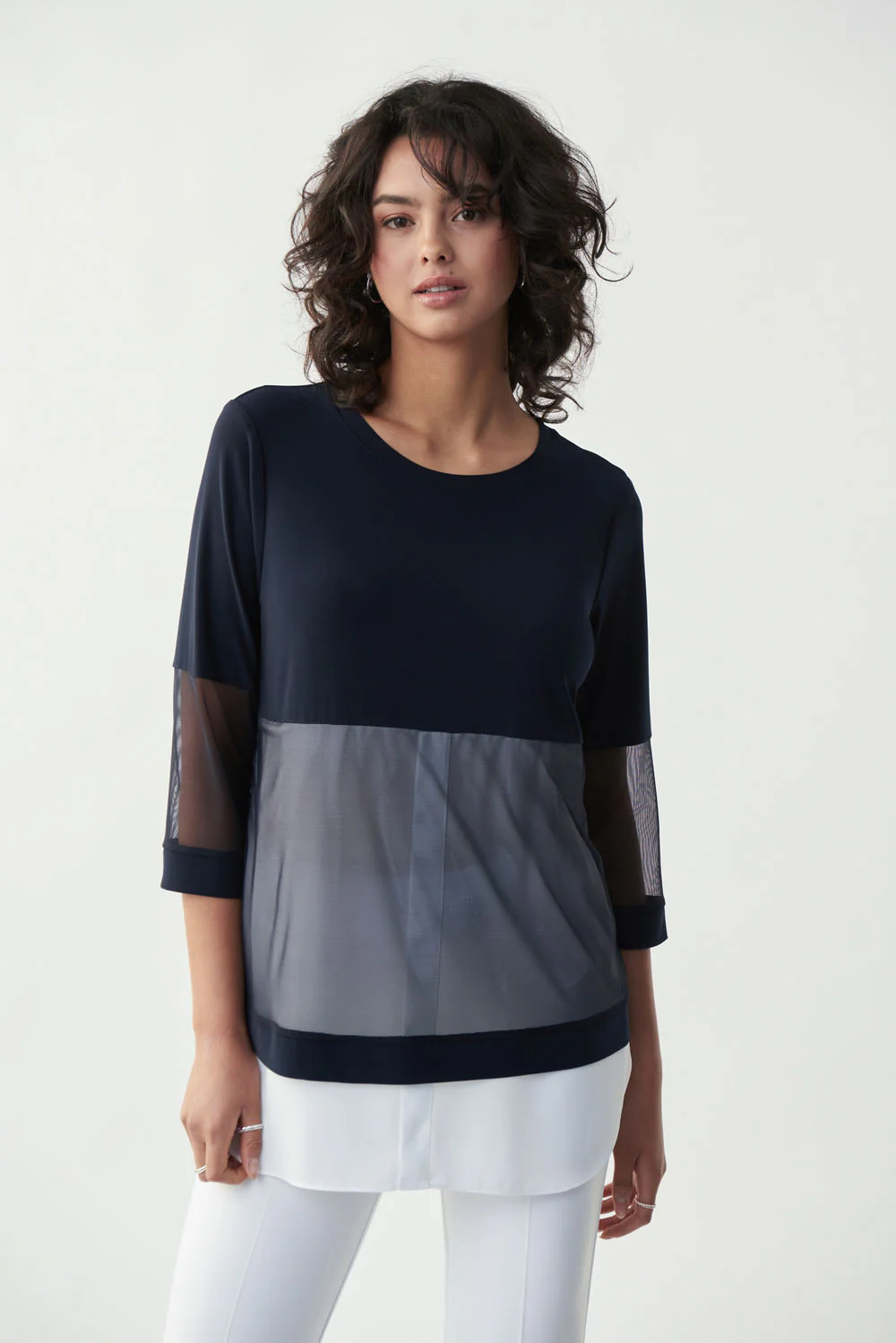 Joseph Ribkoff Midnight Blue/Off-White Sheer Panel Top Style 221016