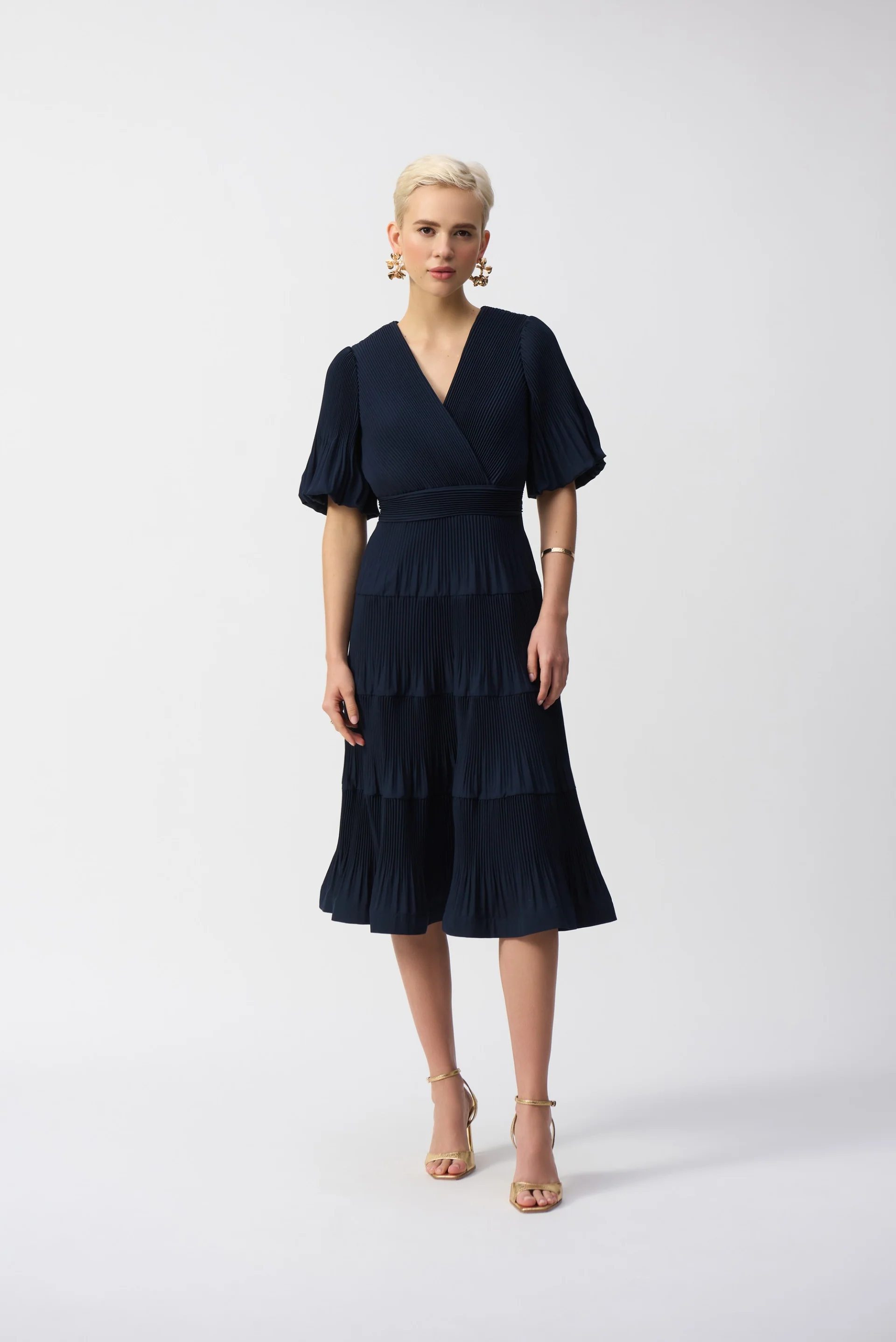 Joseph Ribkoff Midnight Blue Pleated Woven Fit And Flare Dress Style 251905