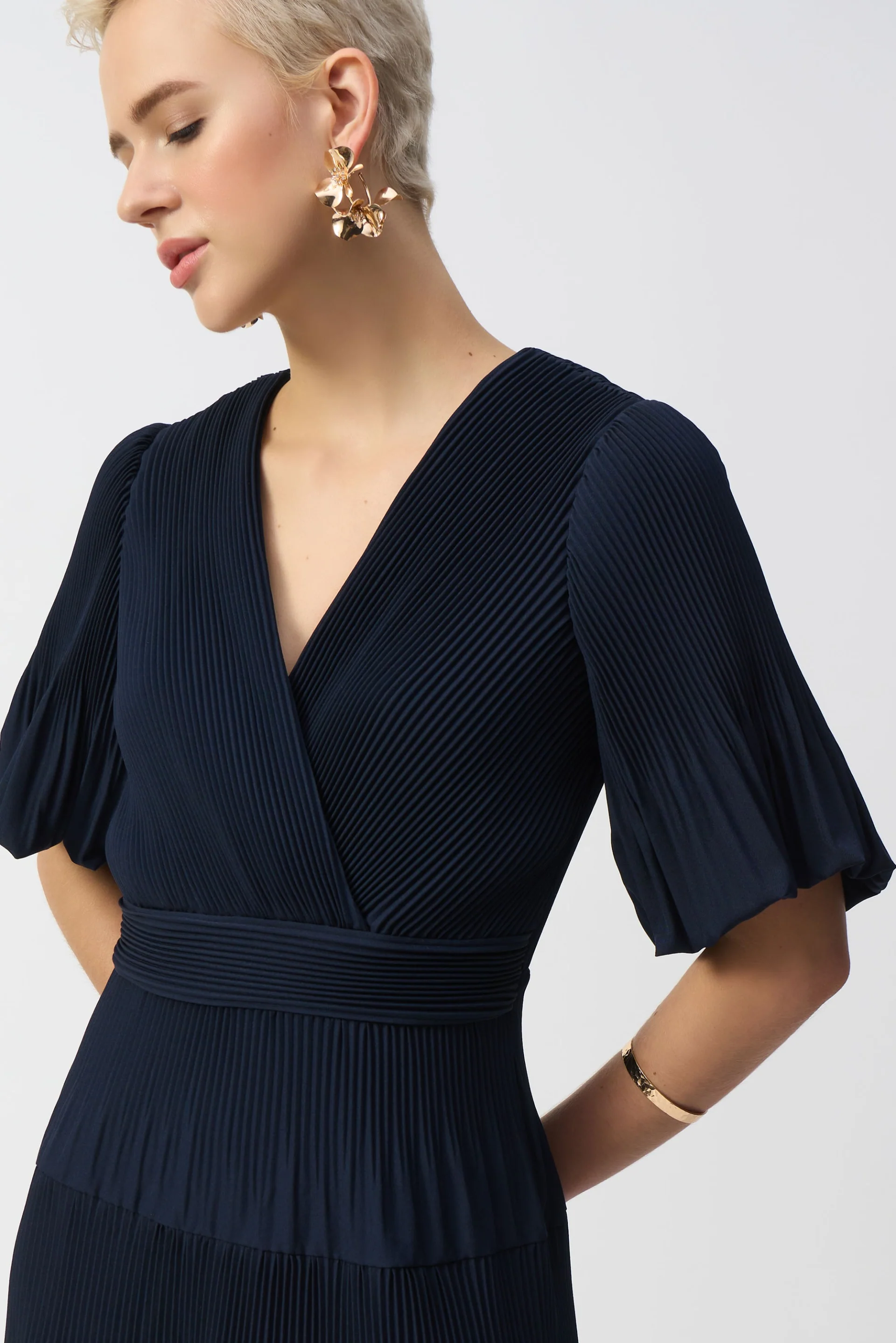 Joseph Ribkoff Midnight Blue Pleated Woven Fit And Flare Dress Style 251905 - Image 3