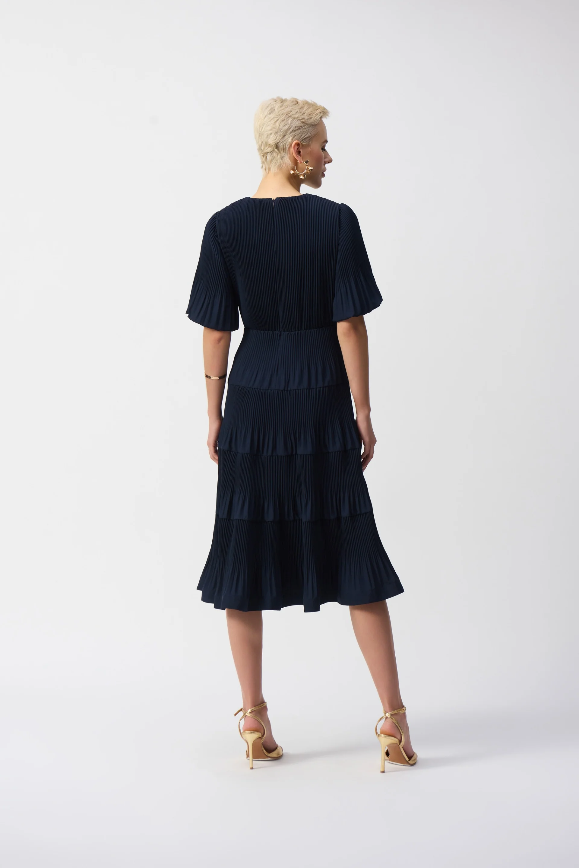 Joseph Ribkoff Midnight Blue Pleated Woven Fit And Flare Dress Style 251905 - Image 4