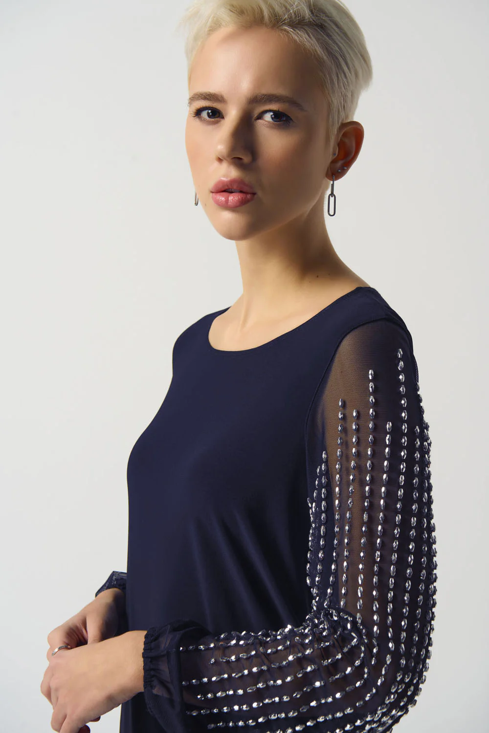 Joseph Ribkoff Midnight Blue Puff Sleeve Asymmetrical Tunic Style 233002 - Image 2