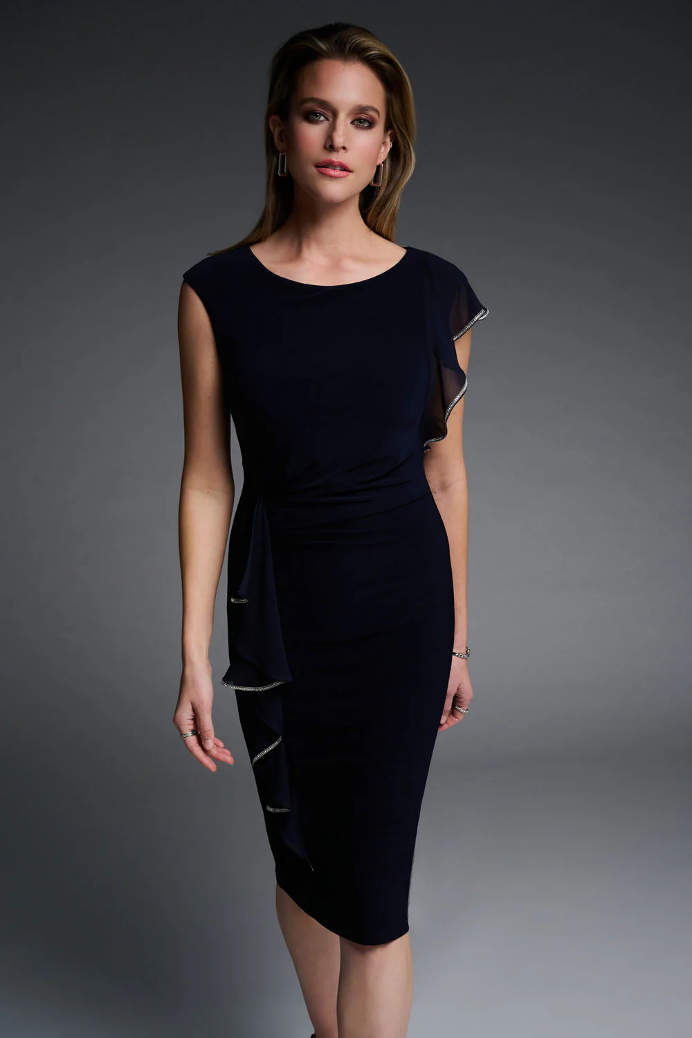 Joseph Ribkoff Midnight Blue Ruffle Detail Dress Style 223735 - Image 2