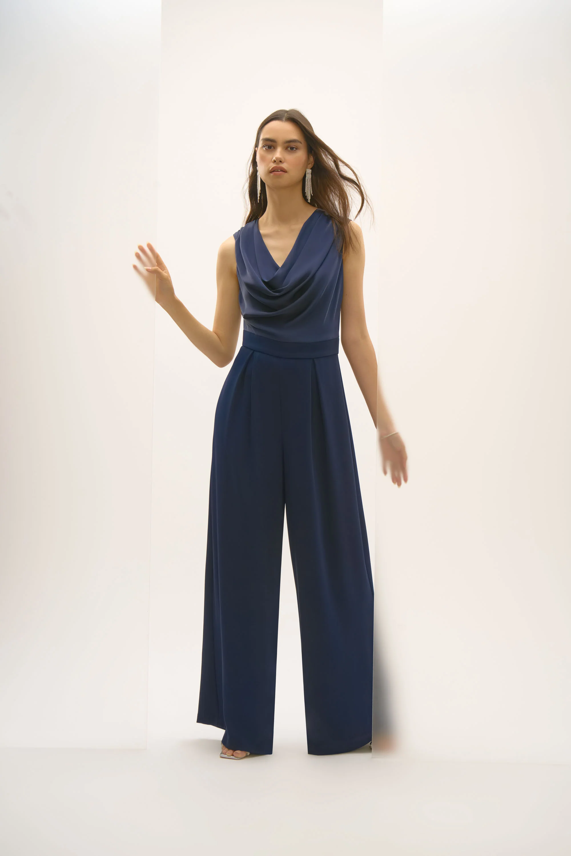Joseph Ribkoff Midnight Blue Satin and Crepe Wide Leg Jumpsuit Style 252703