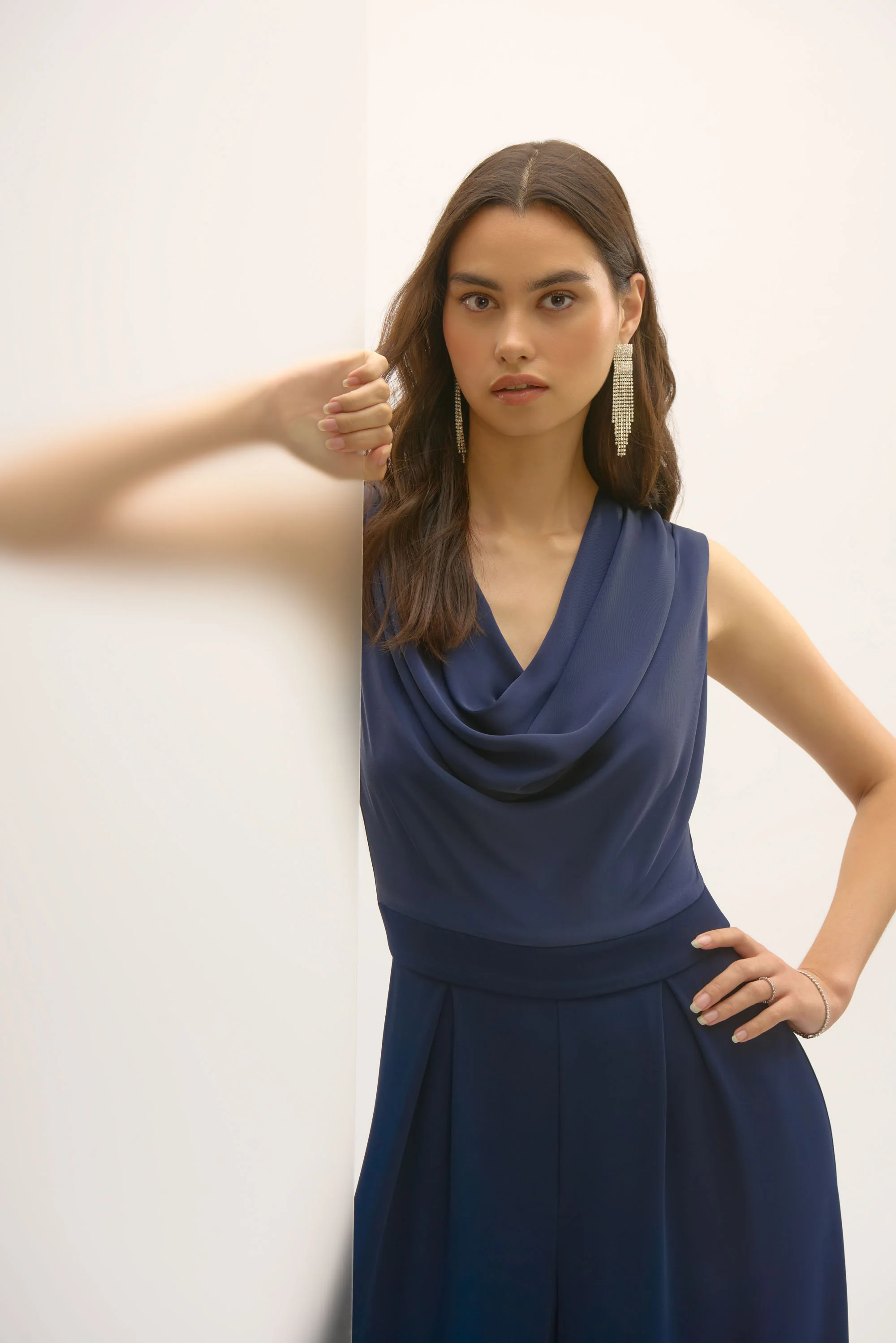 Joseph Ribkoff Midnight Blue Satin and Crepe Wide Leg Jumpsuit Style 252703 - Image 2