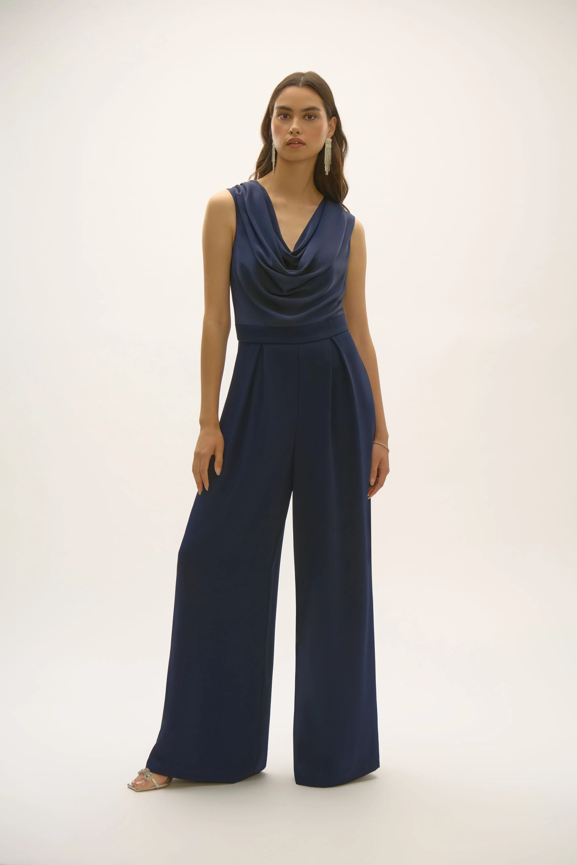 Joseph Ribkoff Midnight Blue Satin and Crepe Wide Leg Jumpsuit Style 252703 - Image 3
