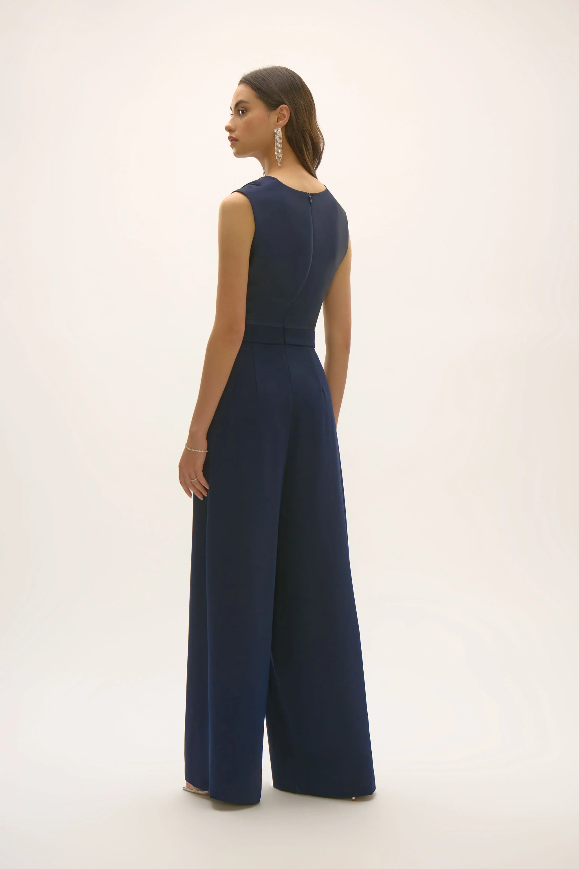 Joseph Ribkoff Midnight Blue Satin and Crepe Wide Leg Jumpsuit Style 252703 - Image 4
