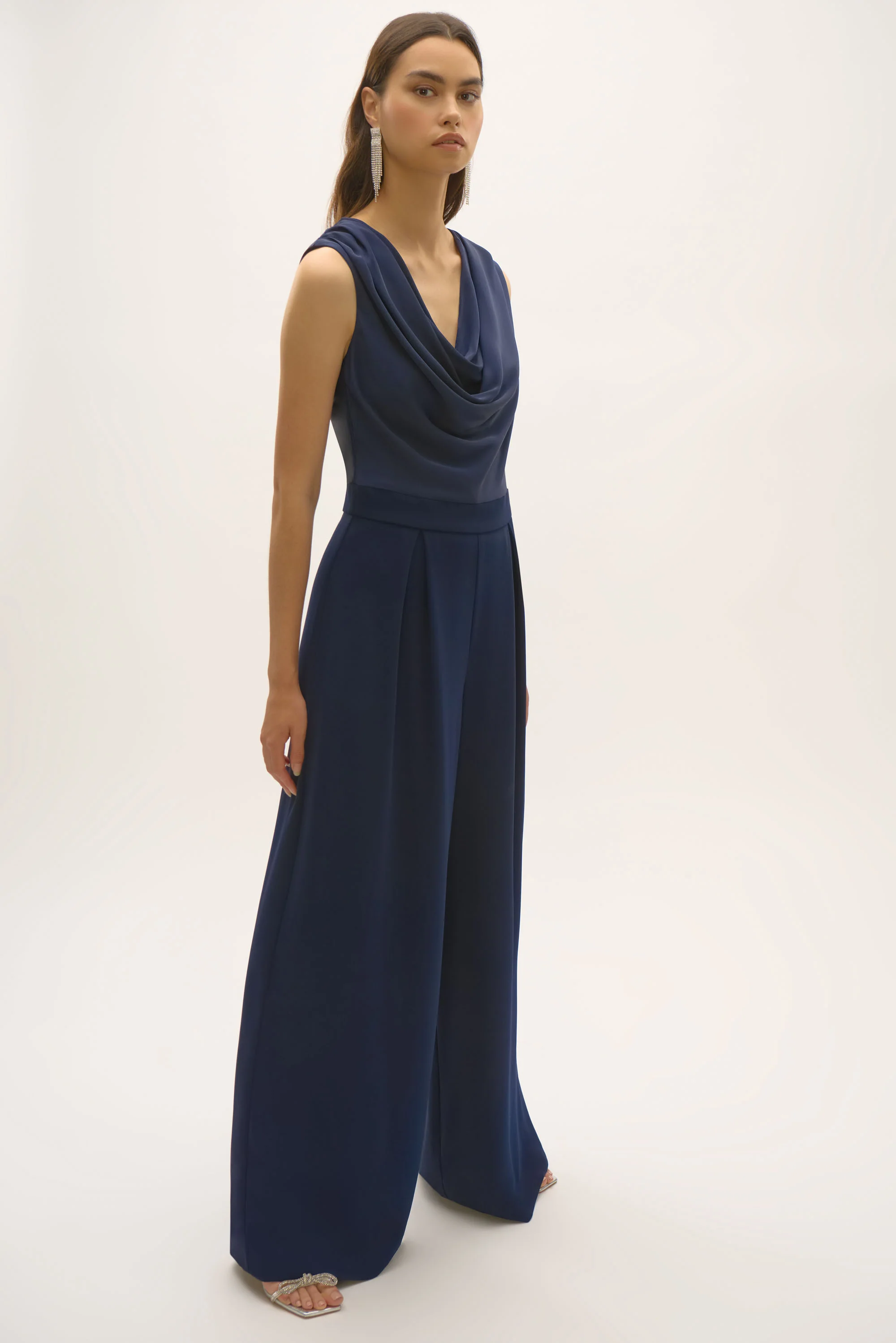 Joseph Ribkoff Midnight Blue Satin and Crepe Wide Leg Jumpsuit Style 252703 - Image 5