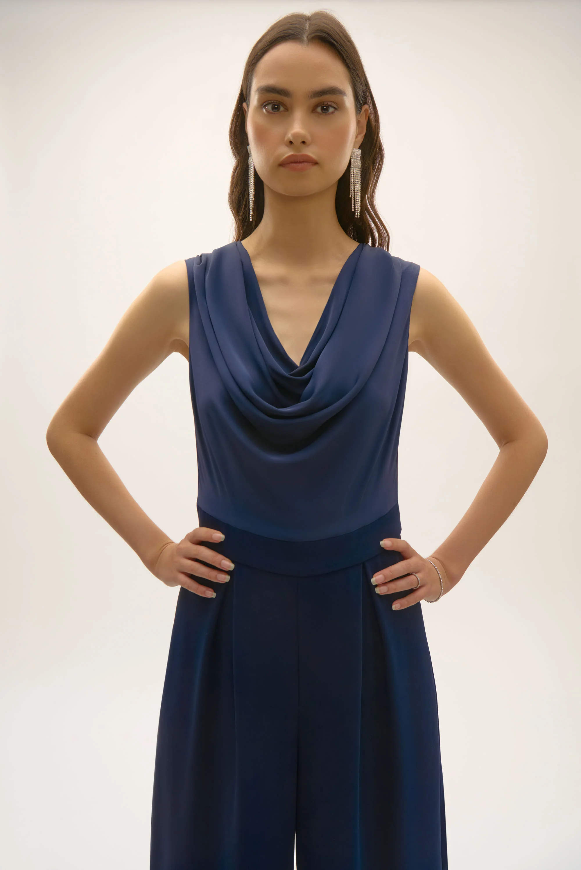 Joseph Ribkoff Midnight Blue Satin and Crepe Wide Leg Jumpsuit Style 252703 - Image 6