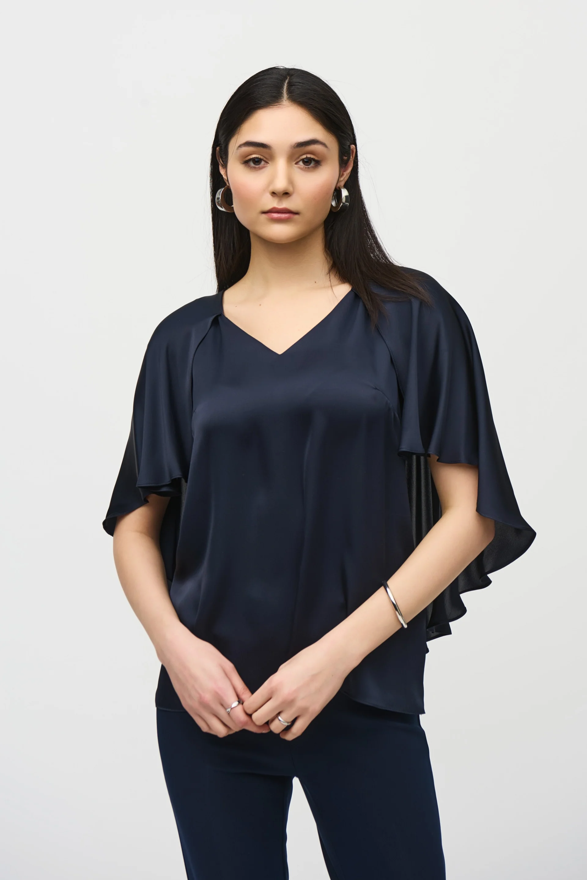Joseph Ribkoff Midnight Blue Satin Cape Top Style 242202 - Image 2