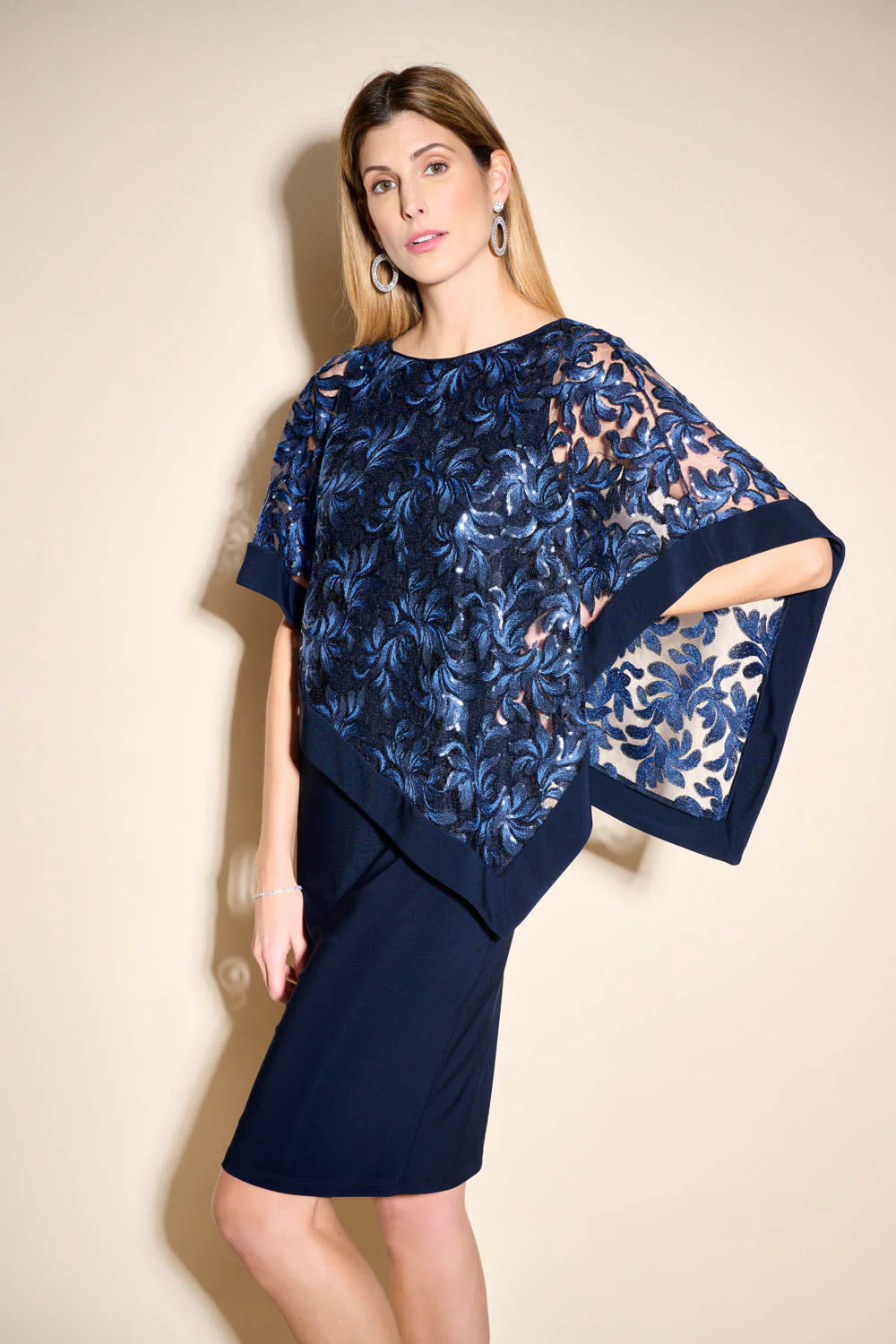 Joseph Ribkoff Midnight Blue Sequin Cape Sheath Dress Style 233777 - Image 2