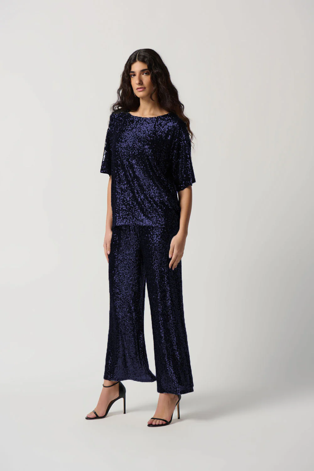 Joseph Ribkoff Midnight Blue Sequin Dolman Sleeve Boxy Top Style 234216 - Image 3