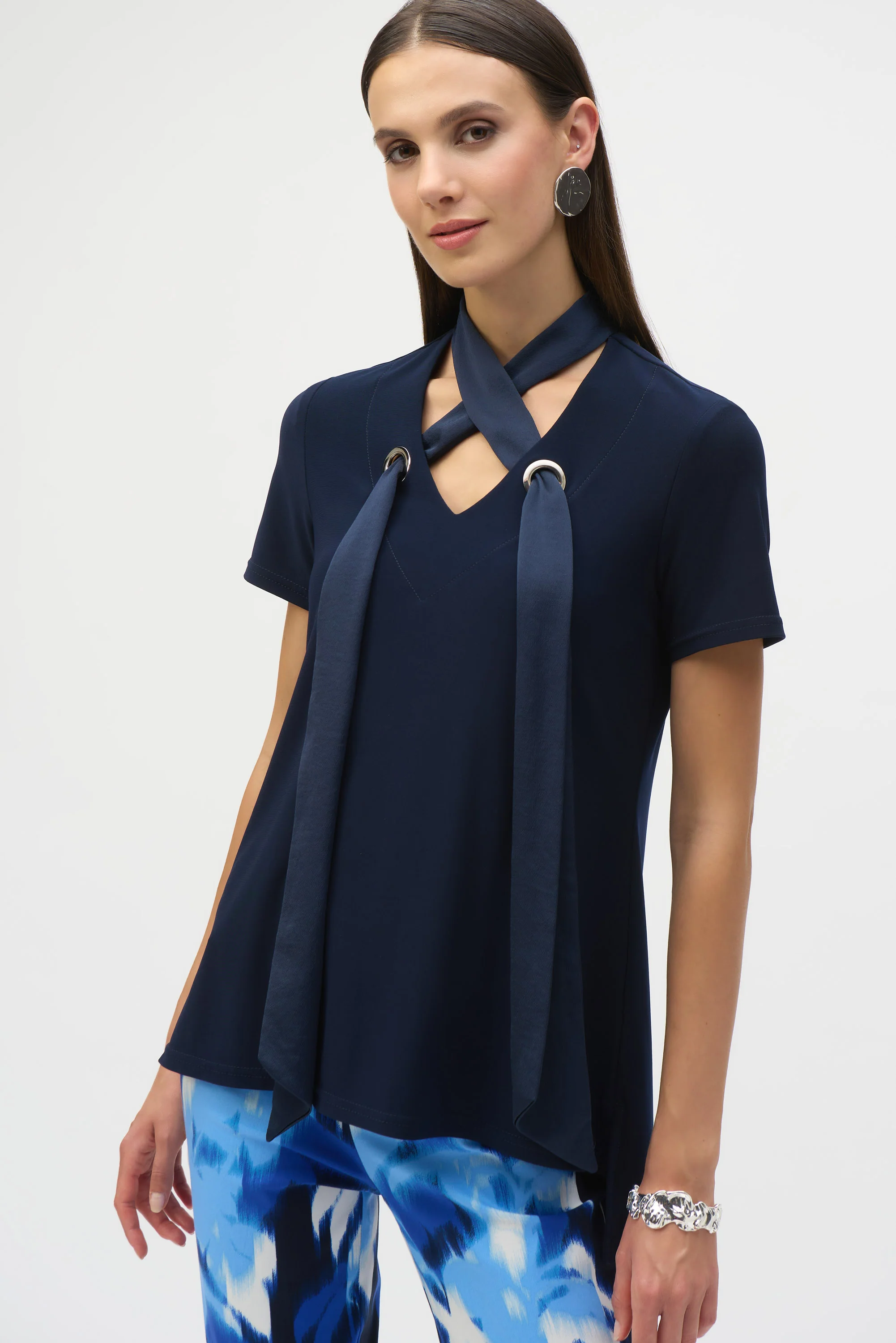 Joseph Ribkoff Midnight Blue Straight Top With Satin Scarf Style 252100