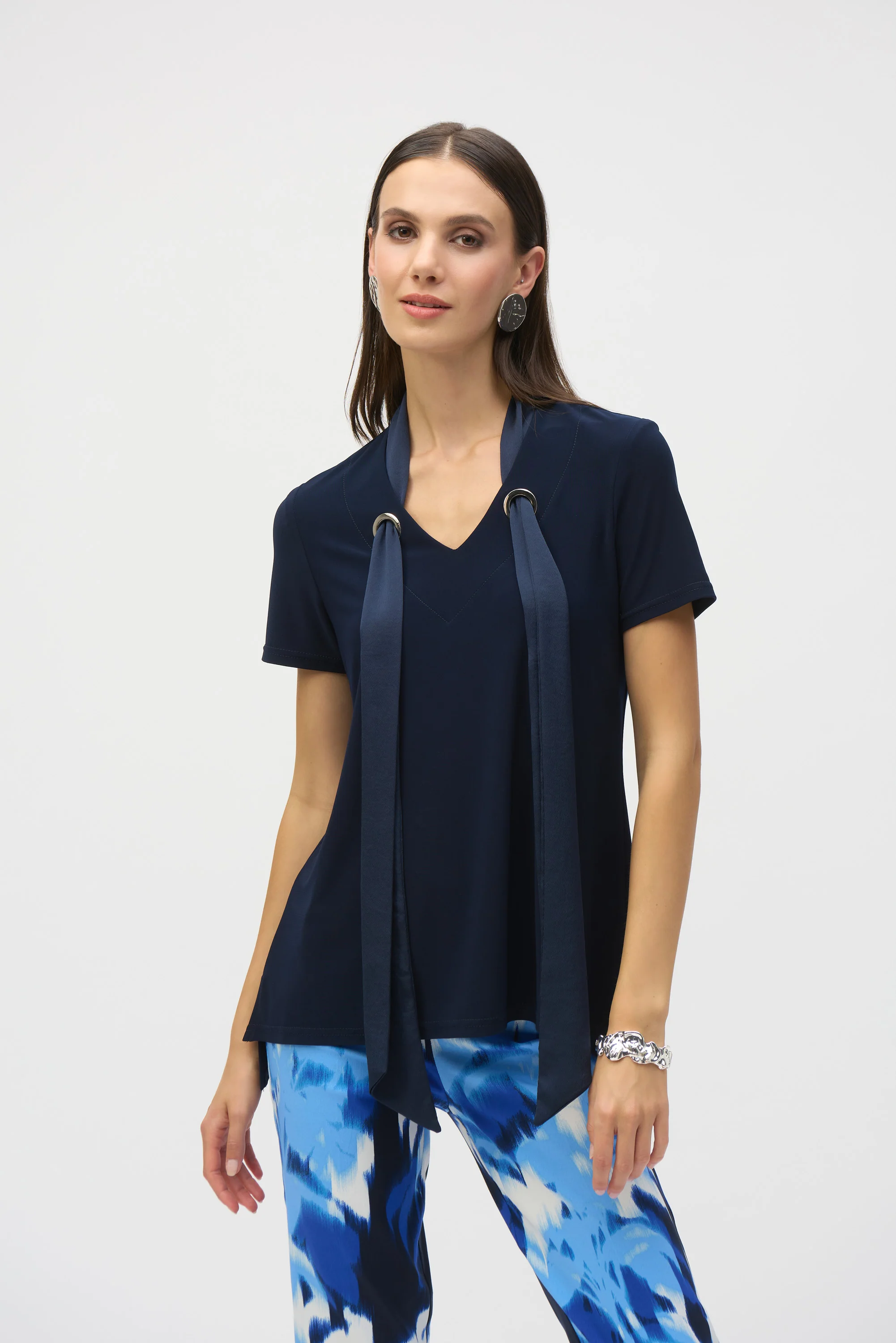 Joseph Ribkoff Midnight Blue Straight Top With Satin Scarf Style 252100 - Image 2