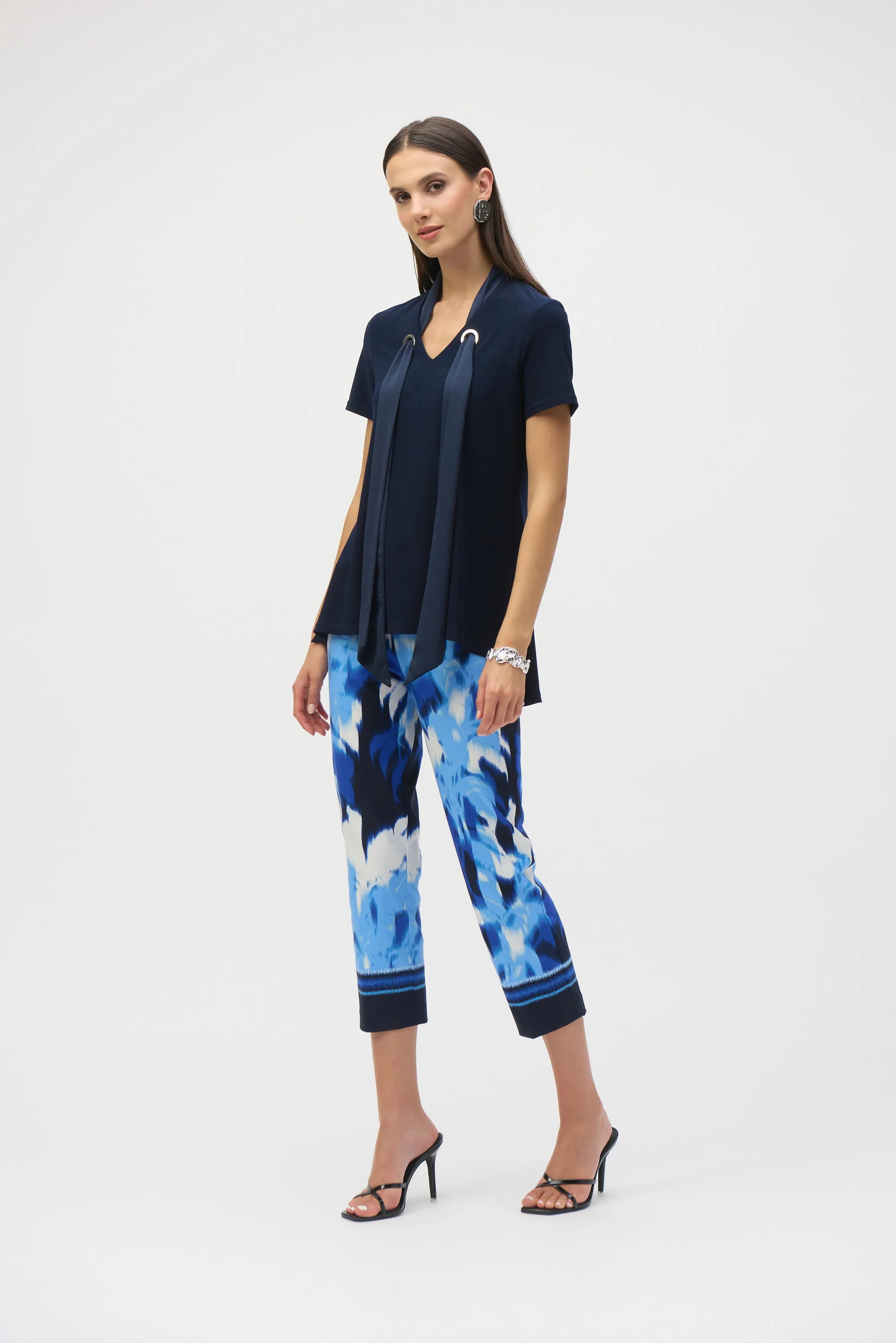 Joseph Ribkoff Midnight Blue Straight Top With Satin Scarf Style 252100 - Image 3