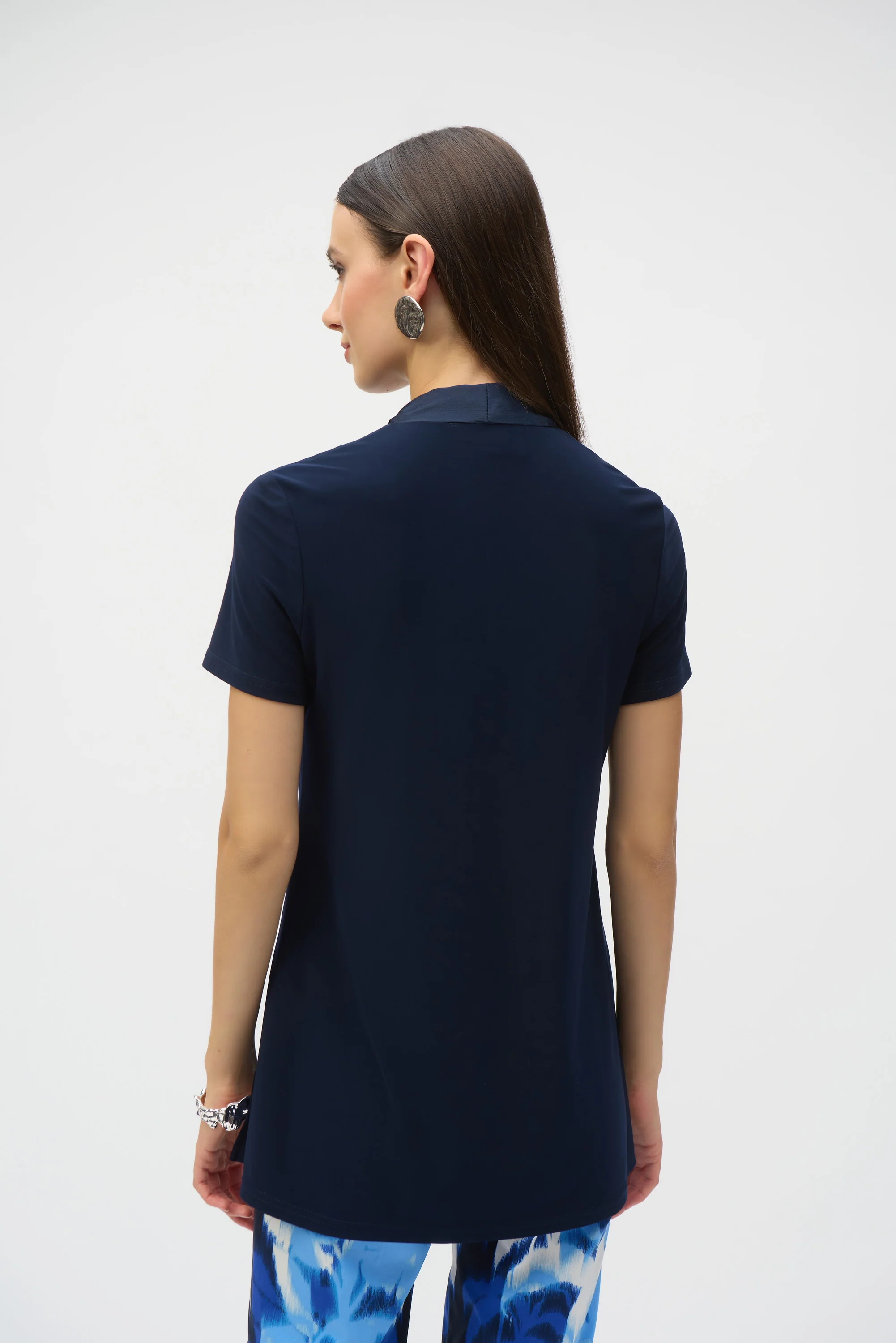 Joseph Ribkoff Midnight Blue Straight Top With Satin Scarf Style 252100 - Image 4