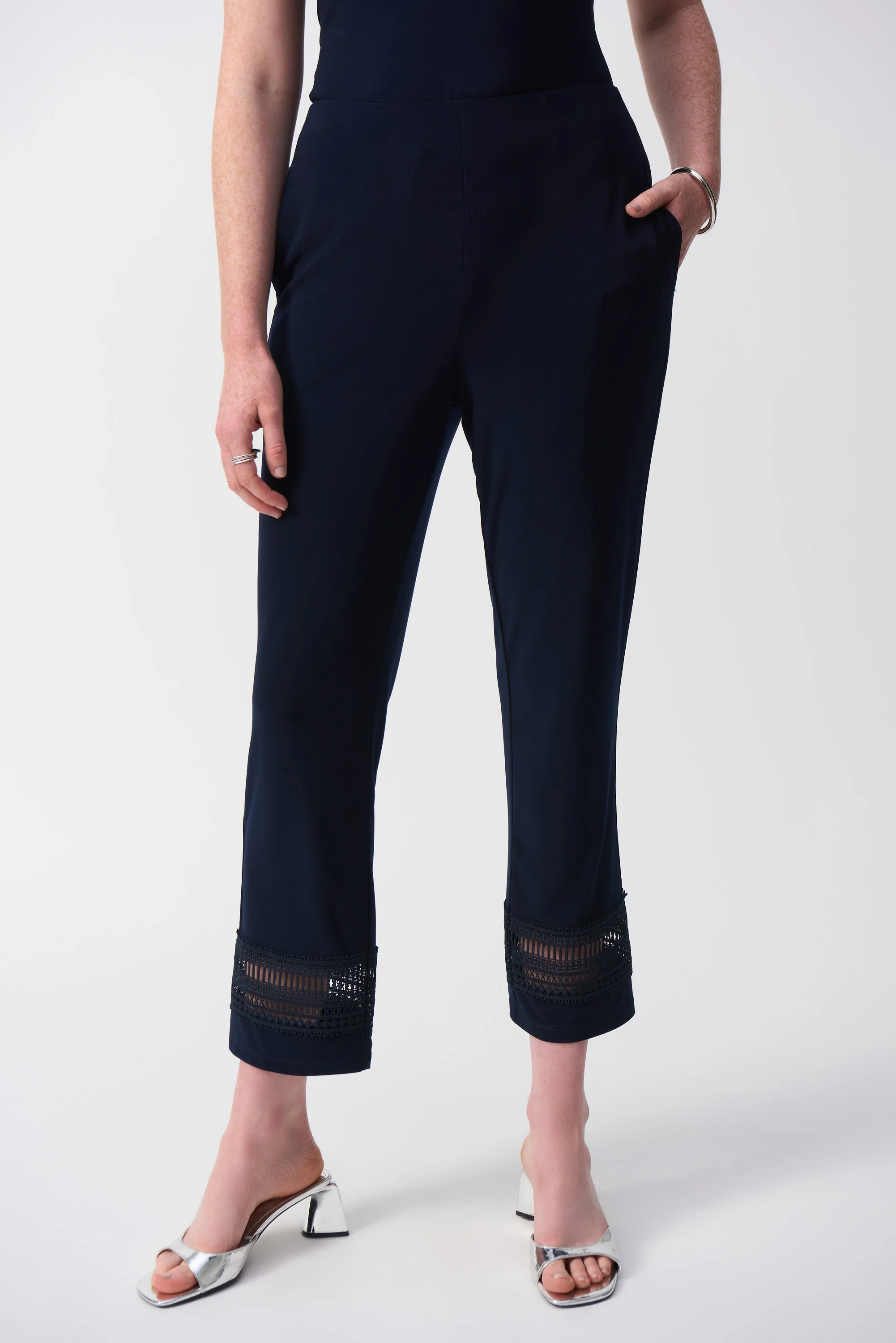 Joseph Ribkoff Midnight Blue Straight Pants With Guipure Detail Style 251160