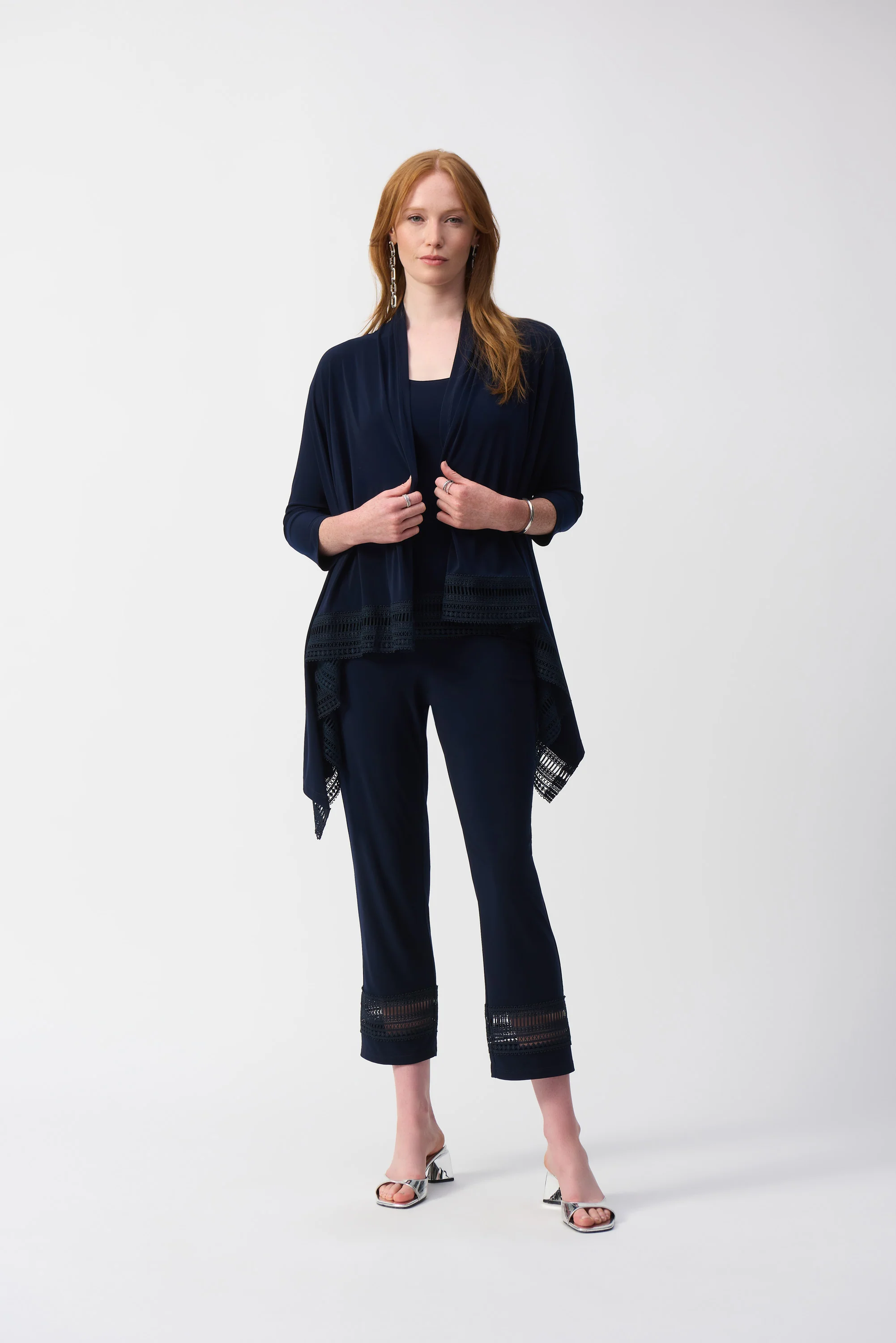 Joseph Ribkoff Midnight Blue Straight Pants With Guipure Detail Style 251160 - Image 4