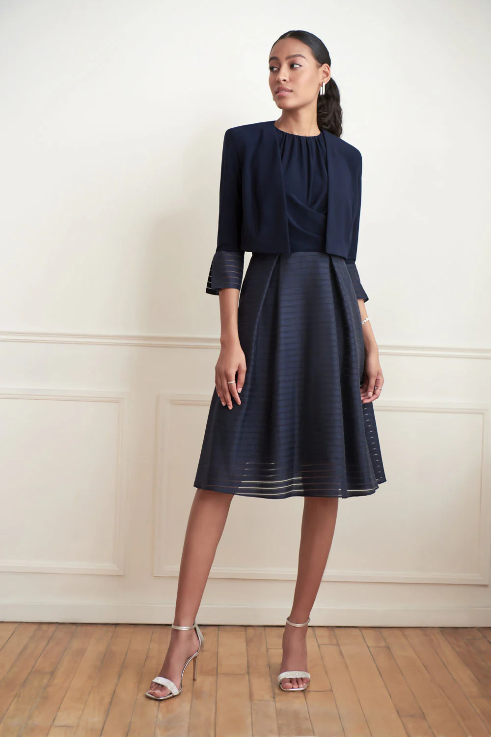 Joseph Ribkoff Midnight Blue Striped Bolero Style 221373 - Image 2