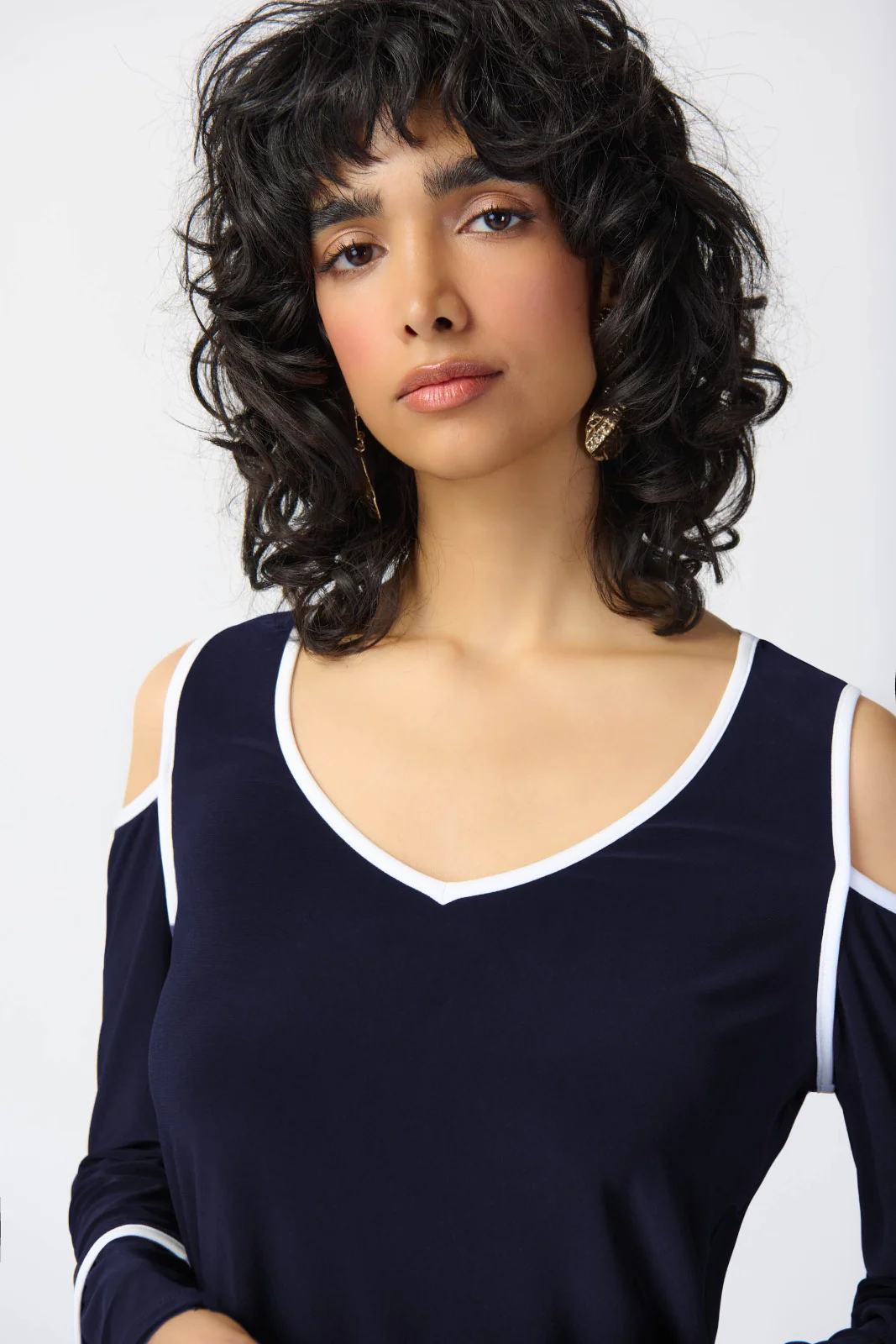 Joseph Ribkoff Midnight Blue/Vanilla Cold Shoulder Straight Top Style 241257 - Image 3